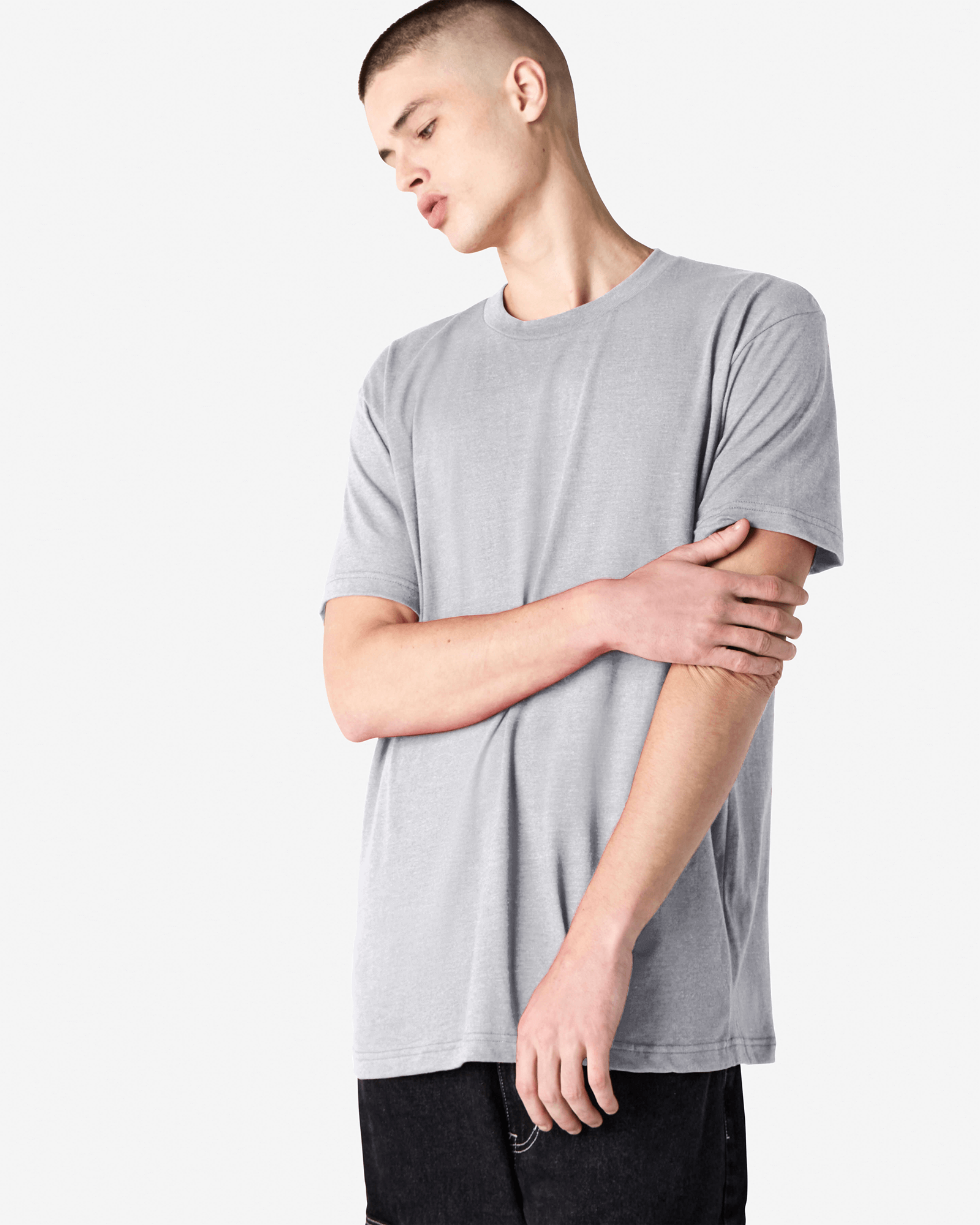 Male model wearing heather grey colour CVC Unisex Short Sleeve Crew Neck Tee (front pose) -heather grey