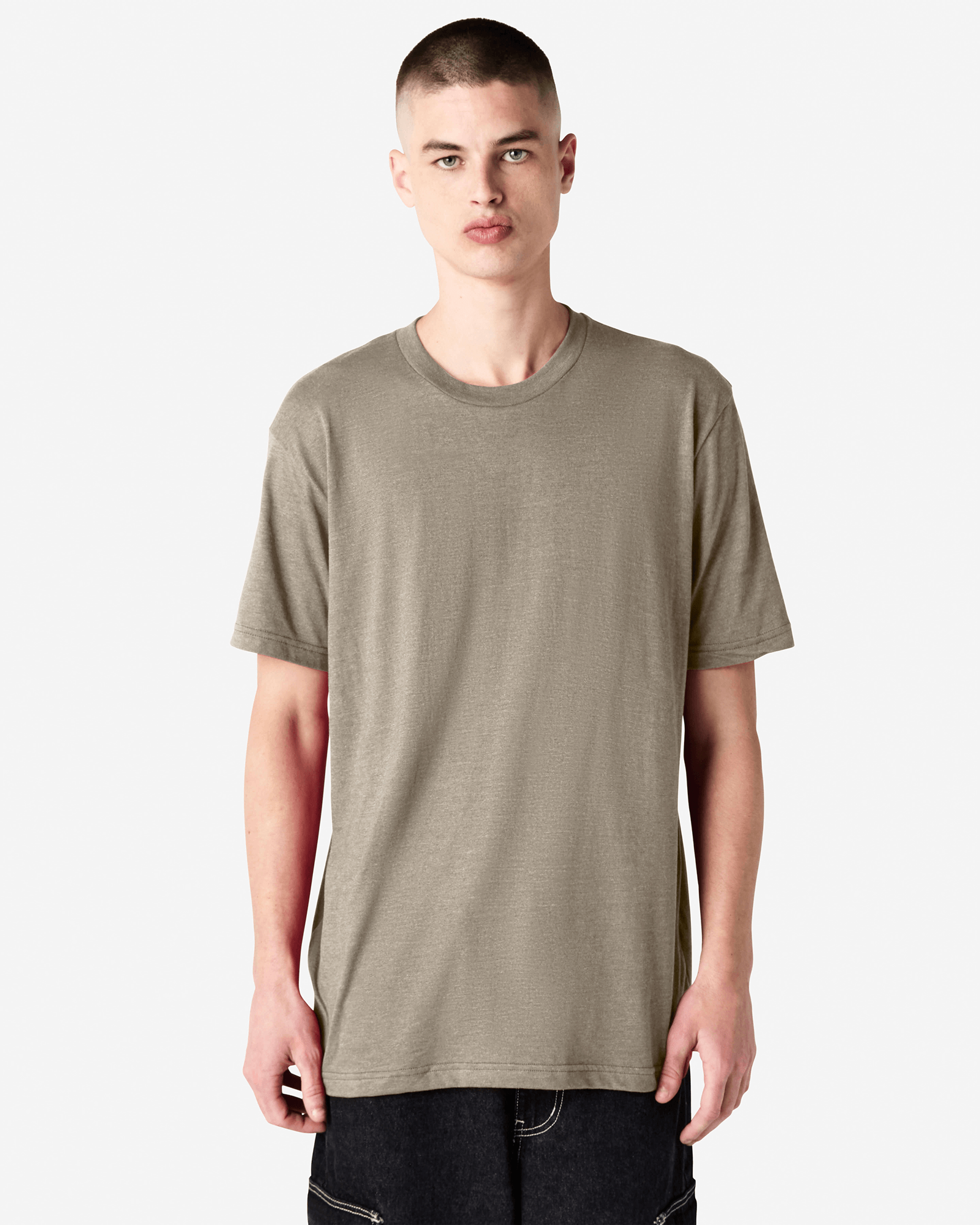 Male model wearing heather khaki colour CVC Unisex Short Sleeve Crew Neck Tee (front pose) -heather khaki