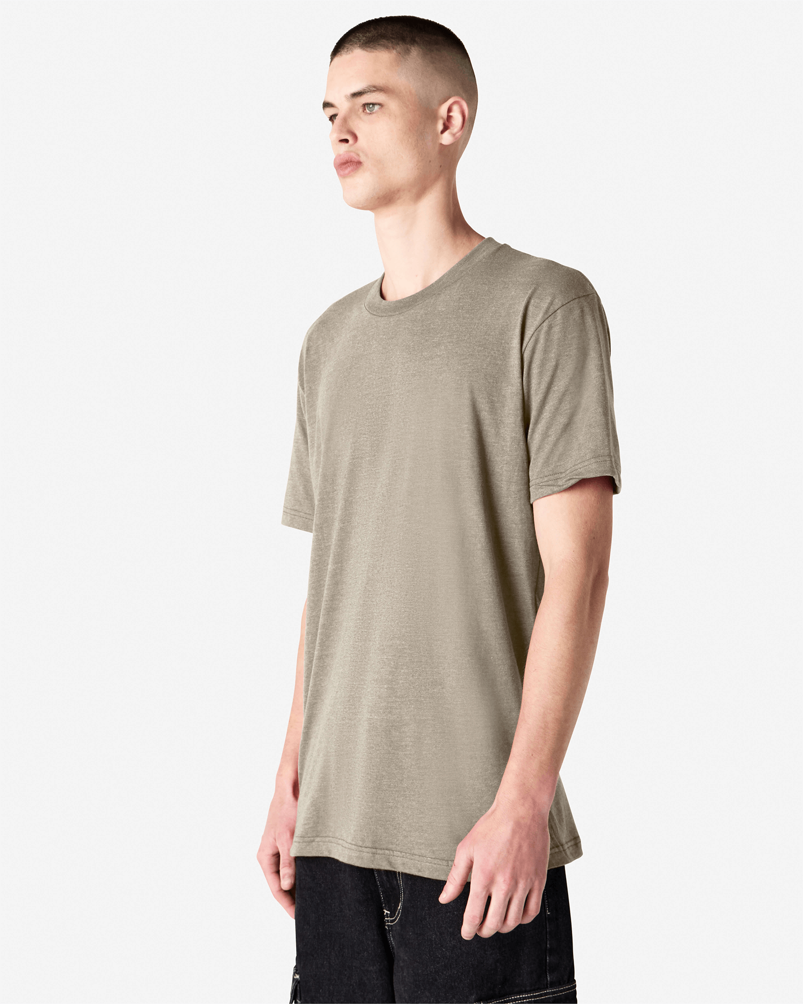 Male model wearing heather khaki colour CVC Unisex Short Sleeve Crew Neck Tee (front pose) -heather khaki