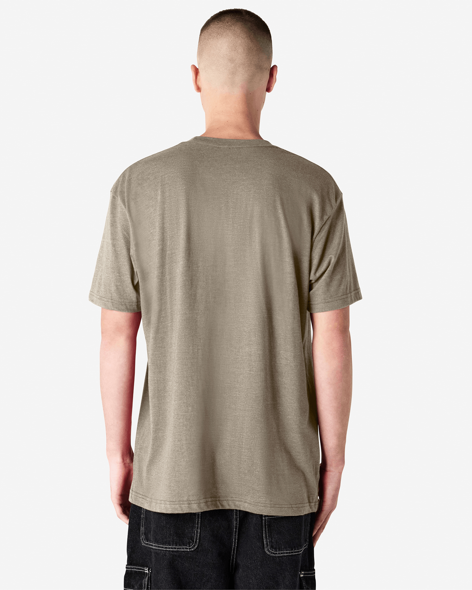 Male model wearing heather khaki colour CVC Unisex Short Sleeve Crew Neck Tee (back pose) -heather khaki