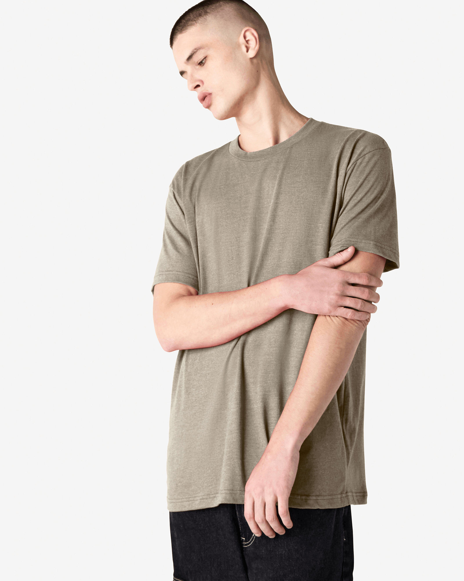 Male model wearing heather khaki colour CVC Unisex Short Sleeve Crew Neck Tee (front pose) -heather khaki