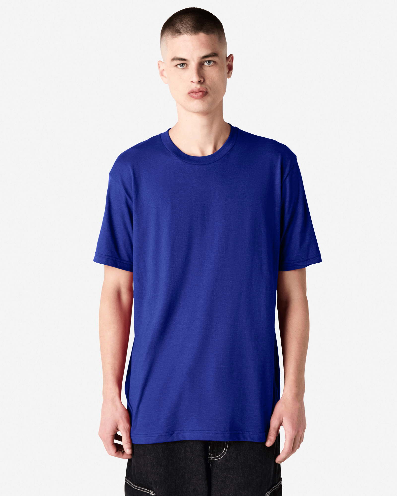 Male model wearing heather lapis colour CVC Unisex Short Sleeve Crew Neck Tee (front pose) -heather lapis