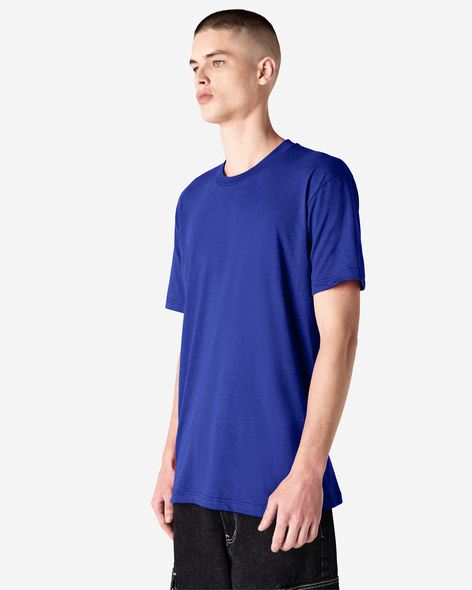 Male model wearing heather lapis colour CVC Unisex Short Sleeve Crew Neck Tee (front pose) -heather lapis