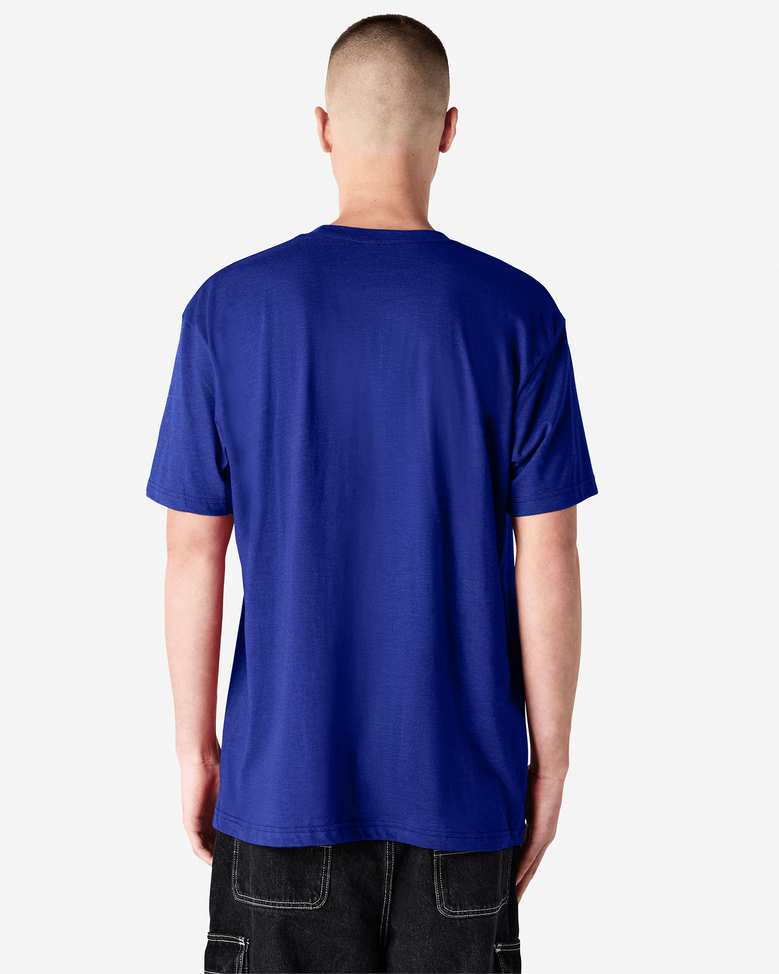 Male model wearing heather lapis colour CVC Unisex Short Sleeve Crew Neck Tee (front pose) -heather lapis