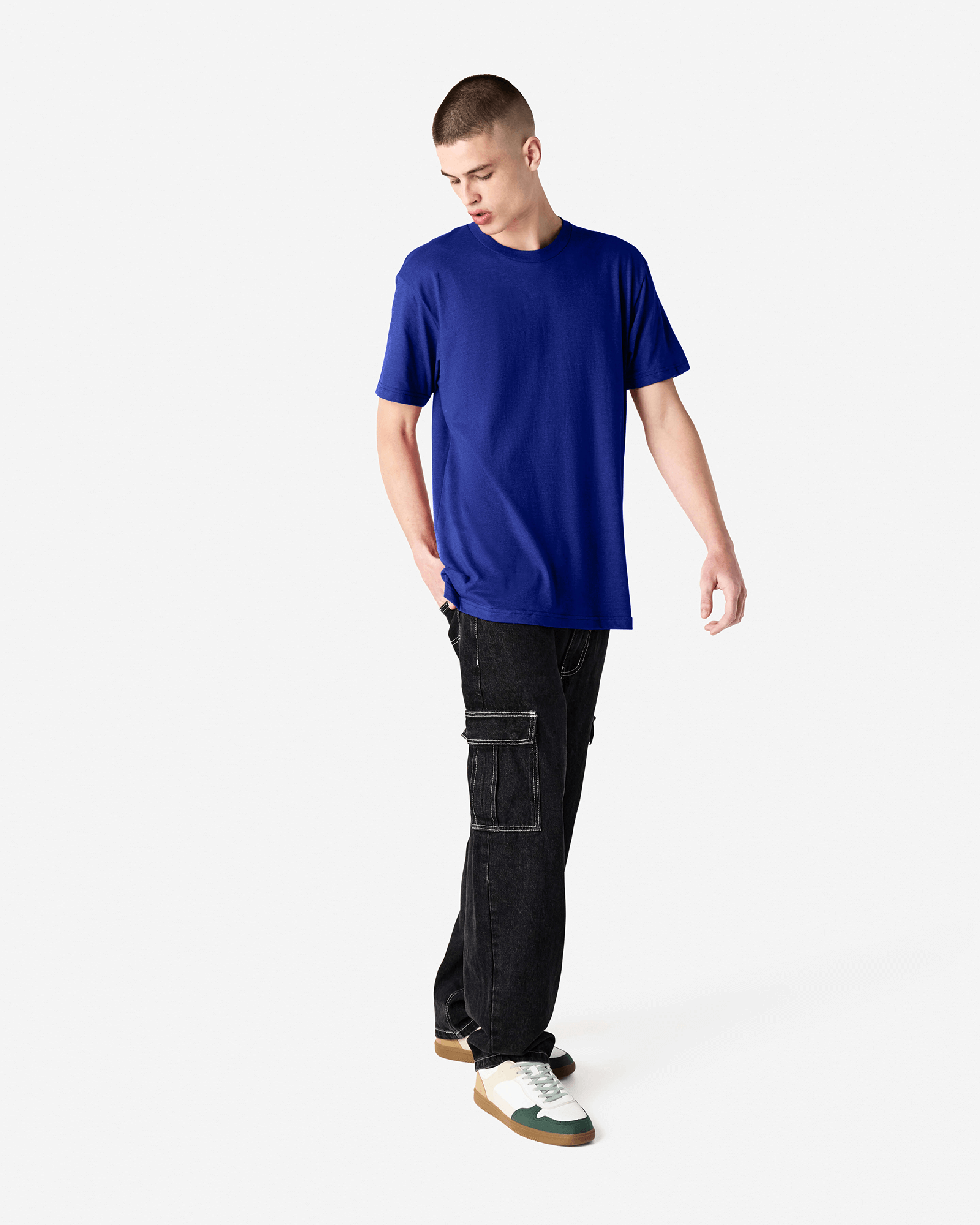 Male model wearing heather lapis colour CVC Unisex Short Sleeve Crew Neck Tee (front pose) -heather lapis