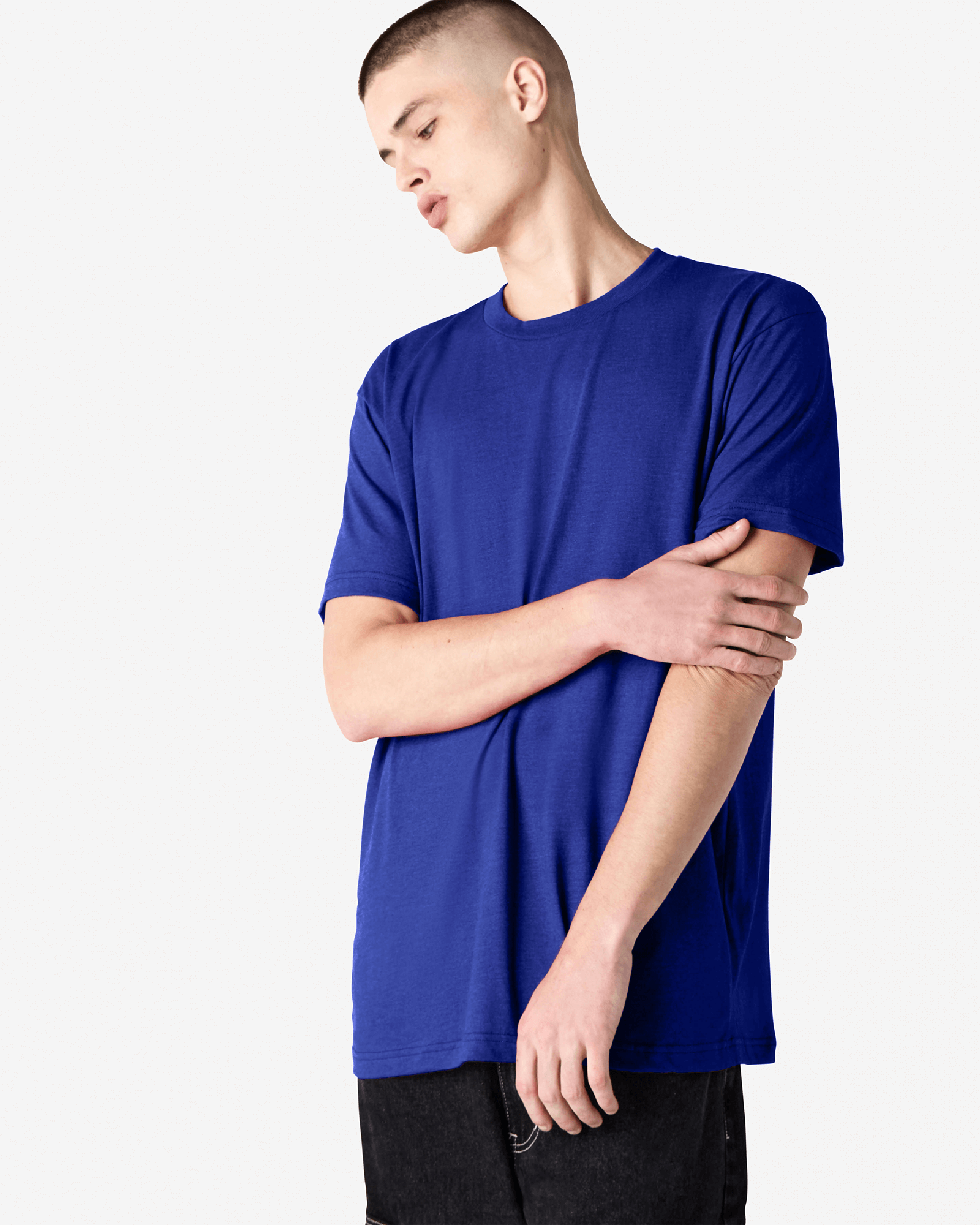 Male model wearing heather lapis colour CVC Unisex Short Sleeve Crew Neck Tee (front pose) -heather lapis