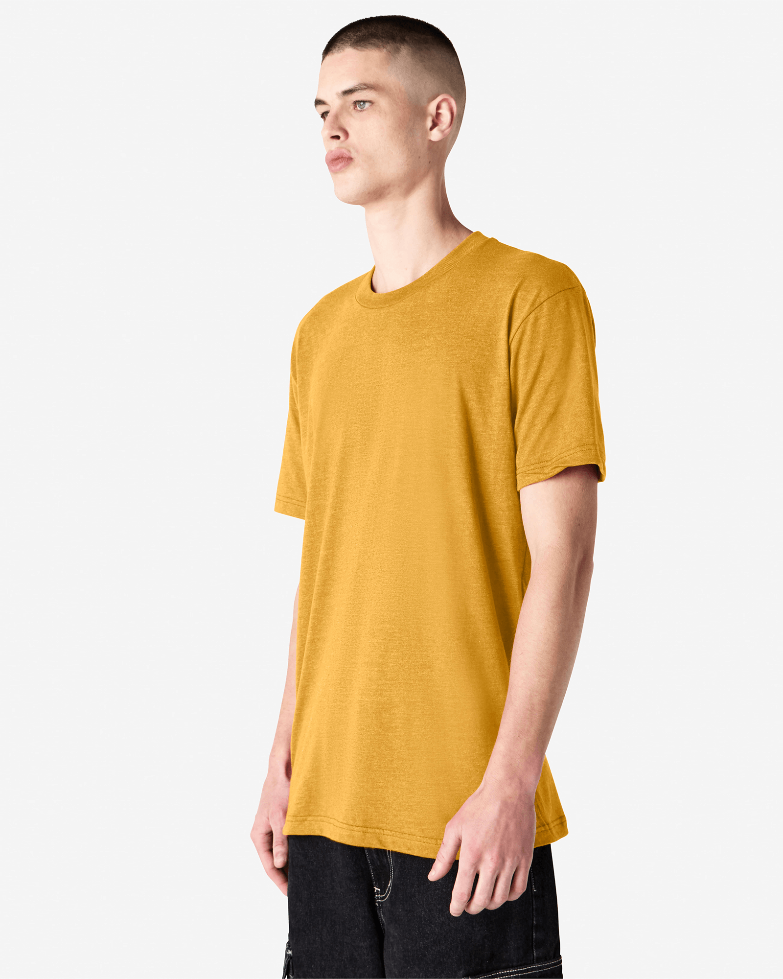 Male model wearing heather mustard colour CVC Unisex Short Sleeve Crew Neck Tee (front pose) -heather mustard