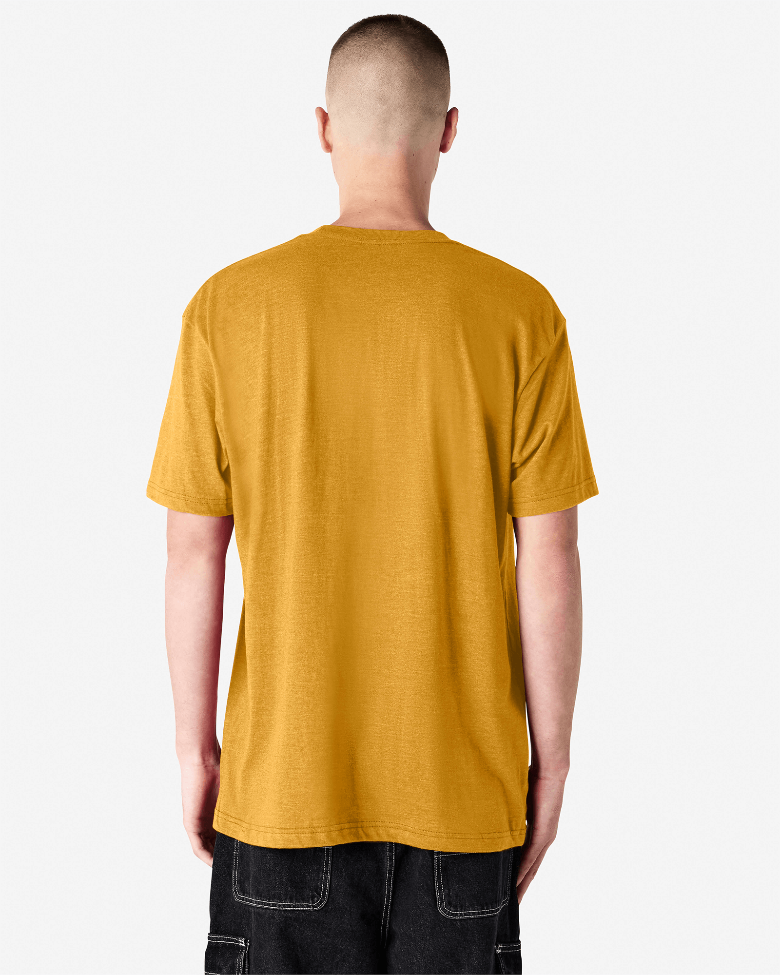 Male model wearing heather mustard colour CVC Unisex Short Sleeve Crew Neck Tee (back pose) -heather mustard