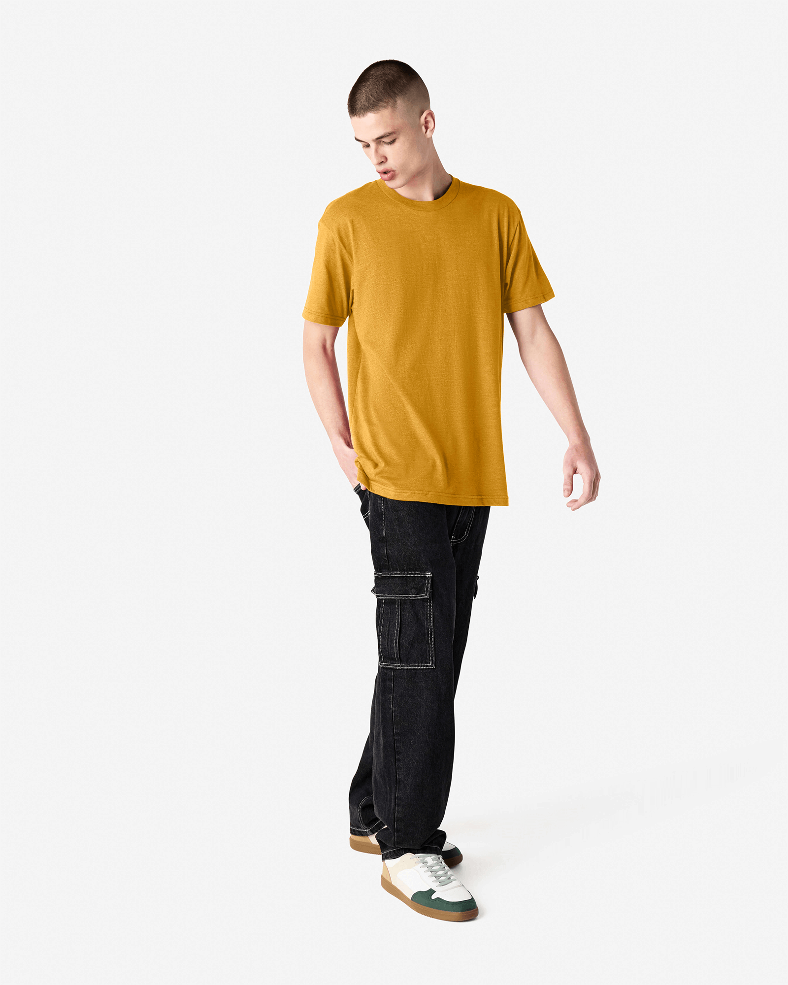 Male model wearing heather mustard colour CVC Unisex Short Sleeve Crew Neck Tee (front pose) -heather mustard