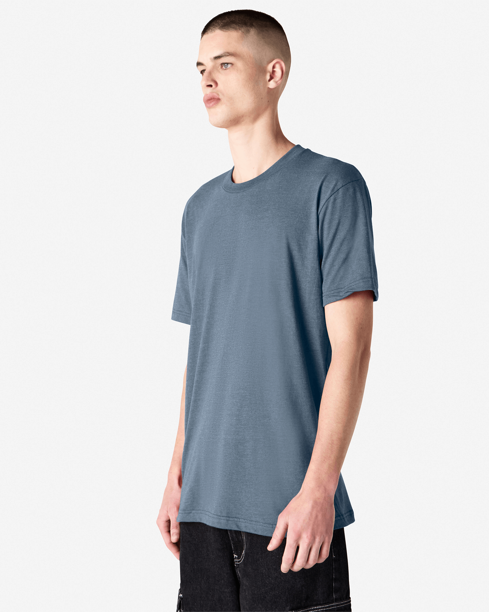 Male model wearing heather navy colour CVC Unisex Short Sleeve Crew Neck Tee (front pose) -heather navy