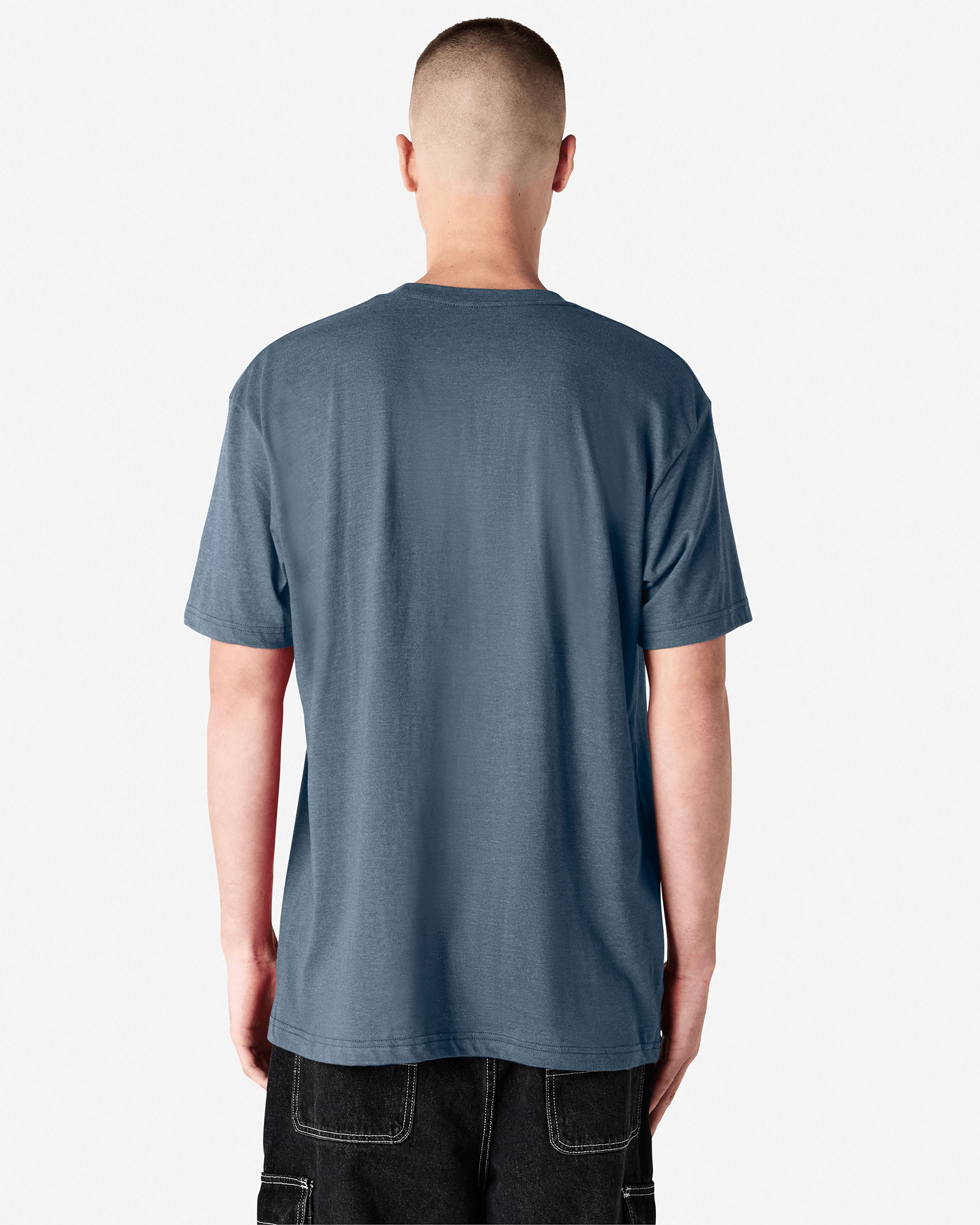 Male model wearing heather navy colour CVC Unisex Short Sleeve Crew Neck Tee (back pose) -heather navy