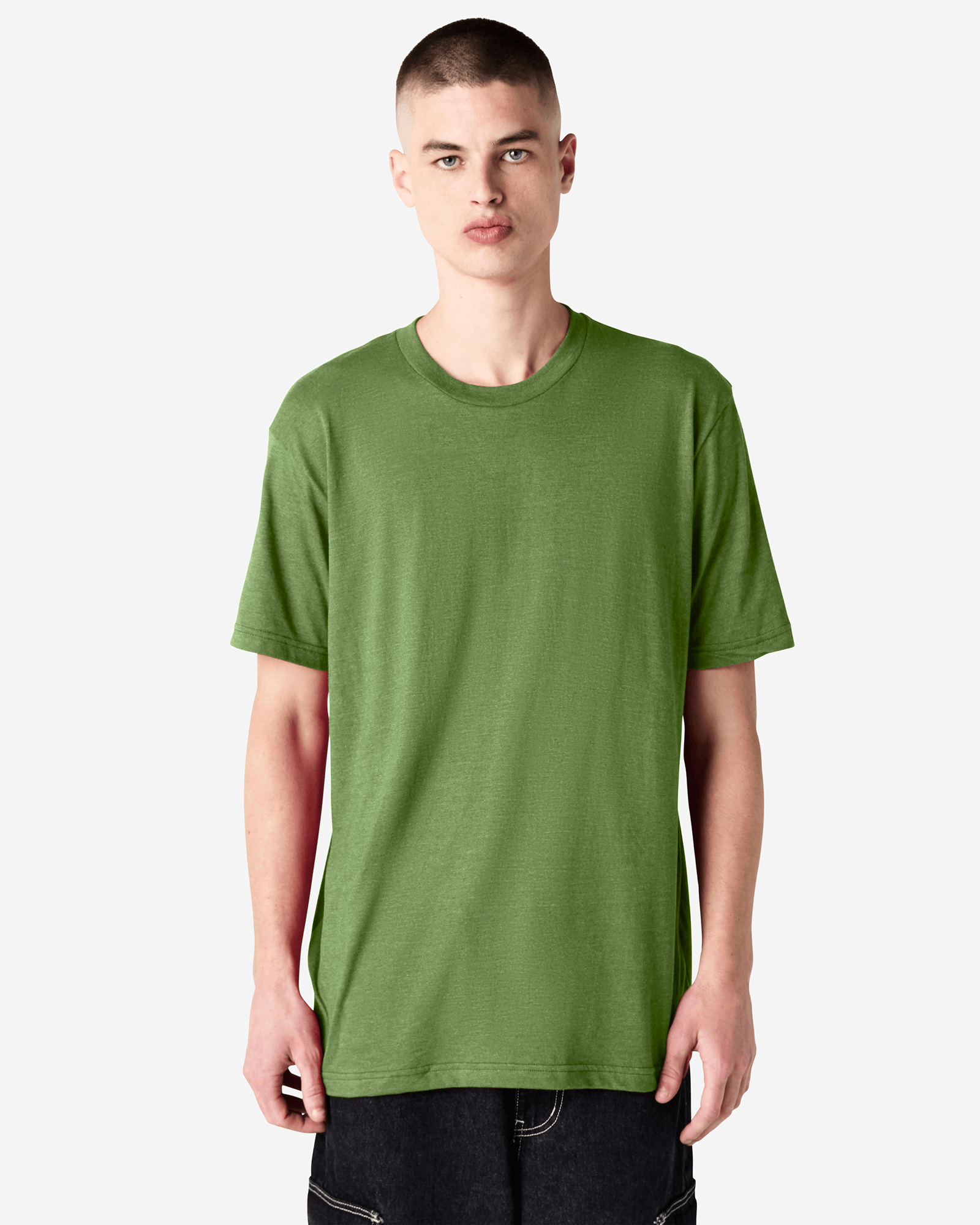 Male model wearing heather Nephrite colour CVC Unisex Short Sleeve Crew Neck Tee (front pose) -heather nephrite