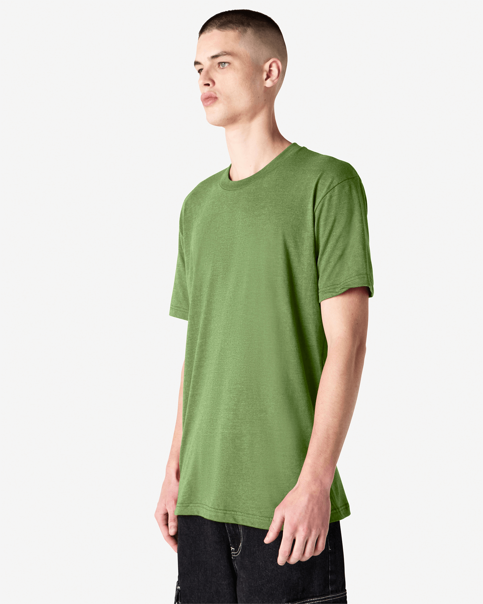 Male model wearing heather Nephrite colour CVC Unisex Short Sleeve Crew Neck Tee (front pose) -heather nephrite