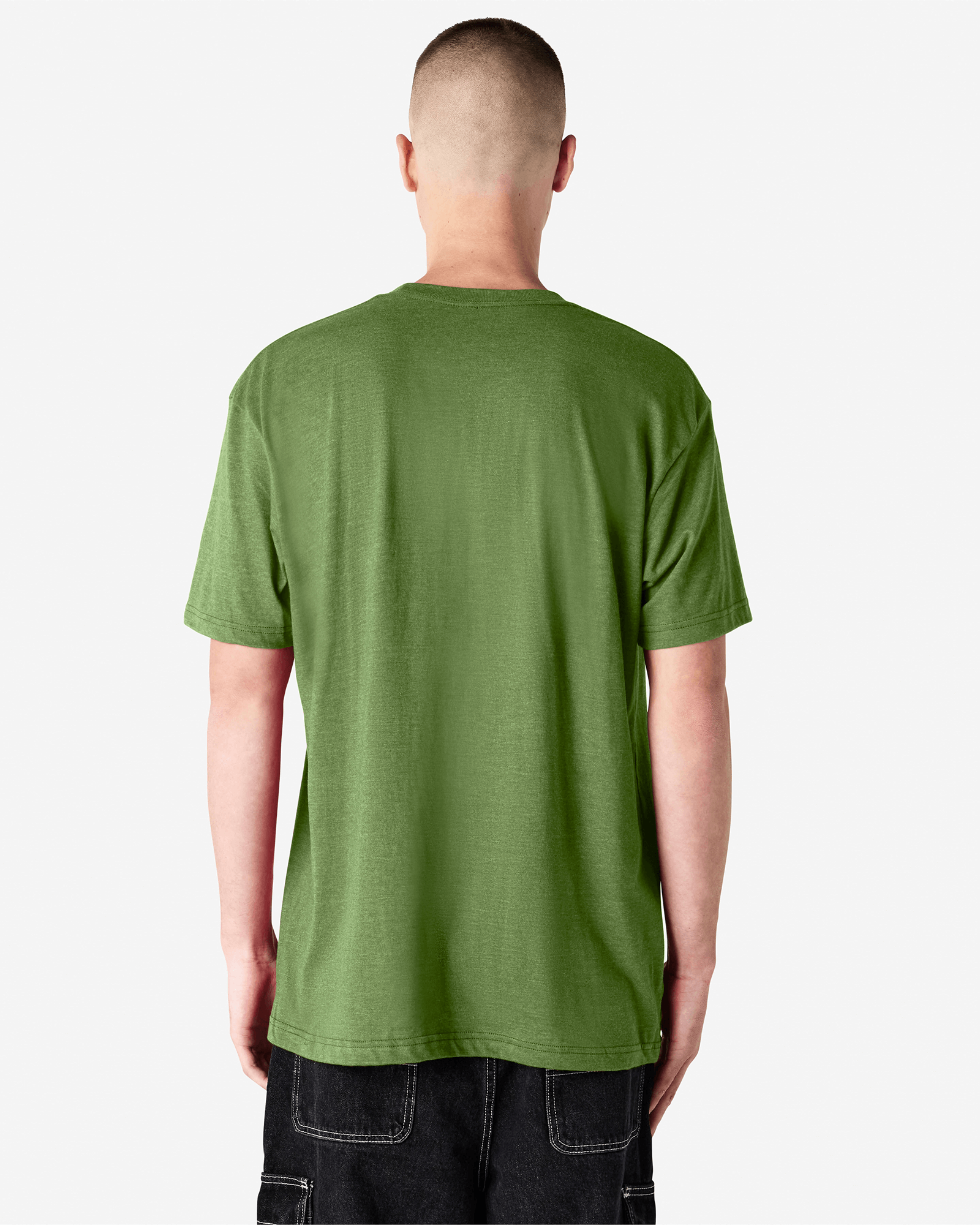 Male model wearing heather Nephrite colour CVC Unisex Short Sleeve Crew Neck Tee (back pose) -heather nephrite