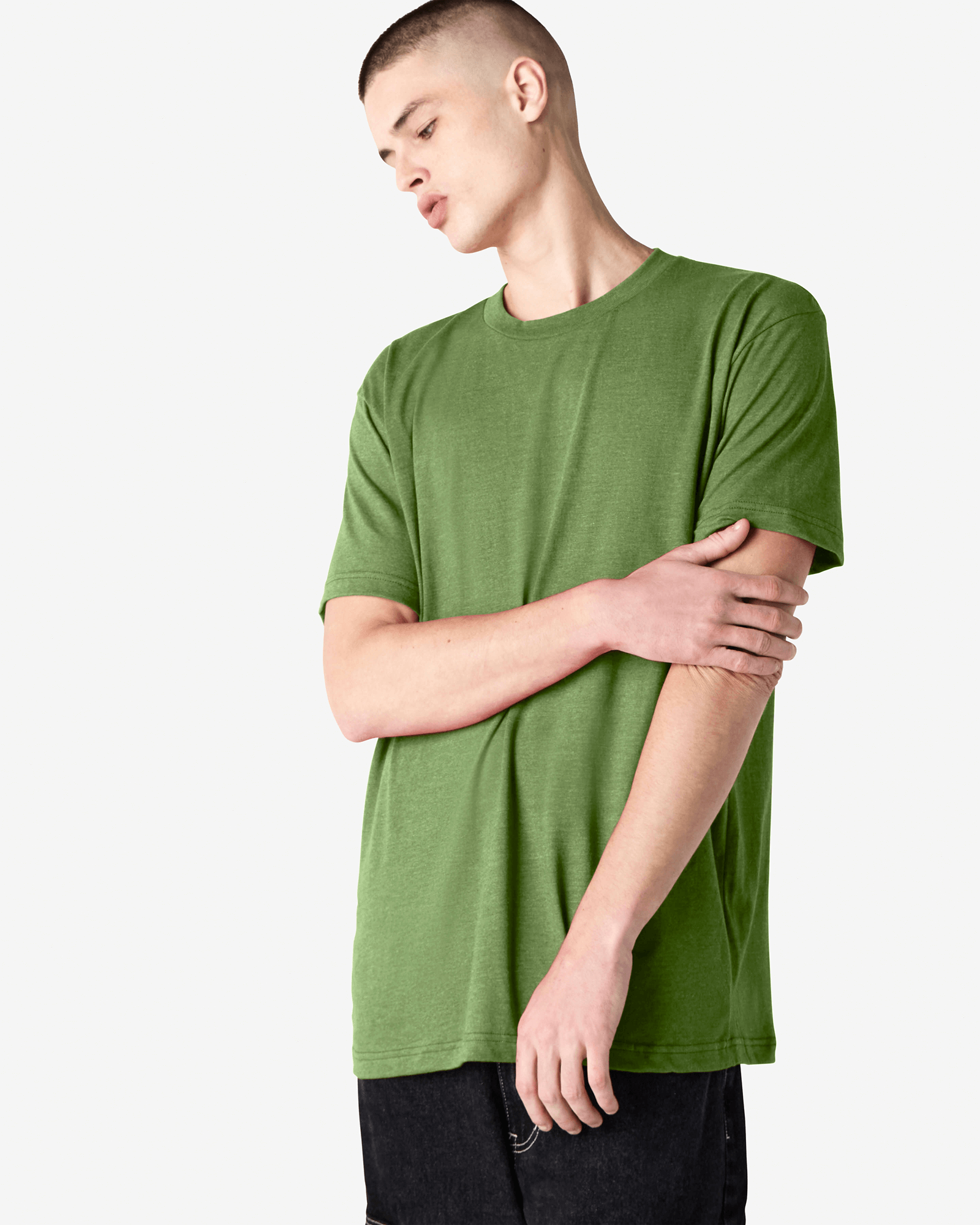 Male model wearing heather Nephrite colour CVC Unisex Short Sleeve Crew Neck Tee (front pose) -heather nephrite