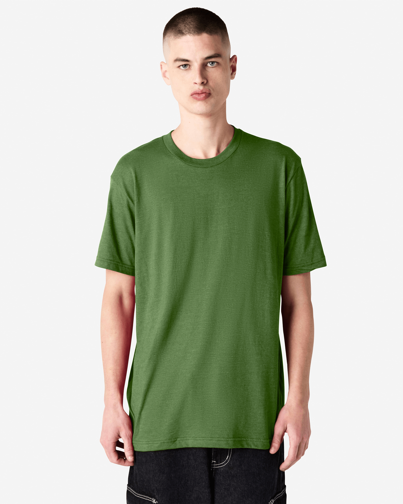 Male model wearing heather olive colour CVC Unisex Short Sleeve Crew Neck Tee (front pose) -heather olive