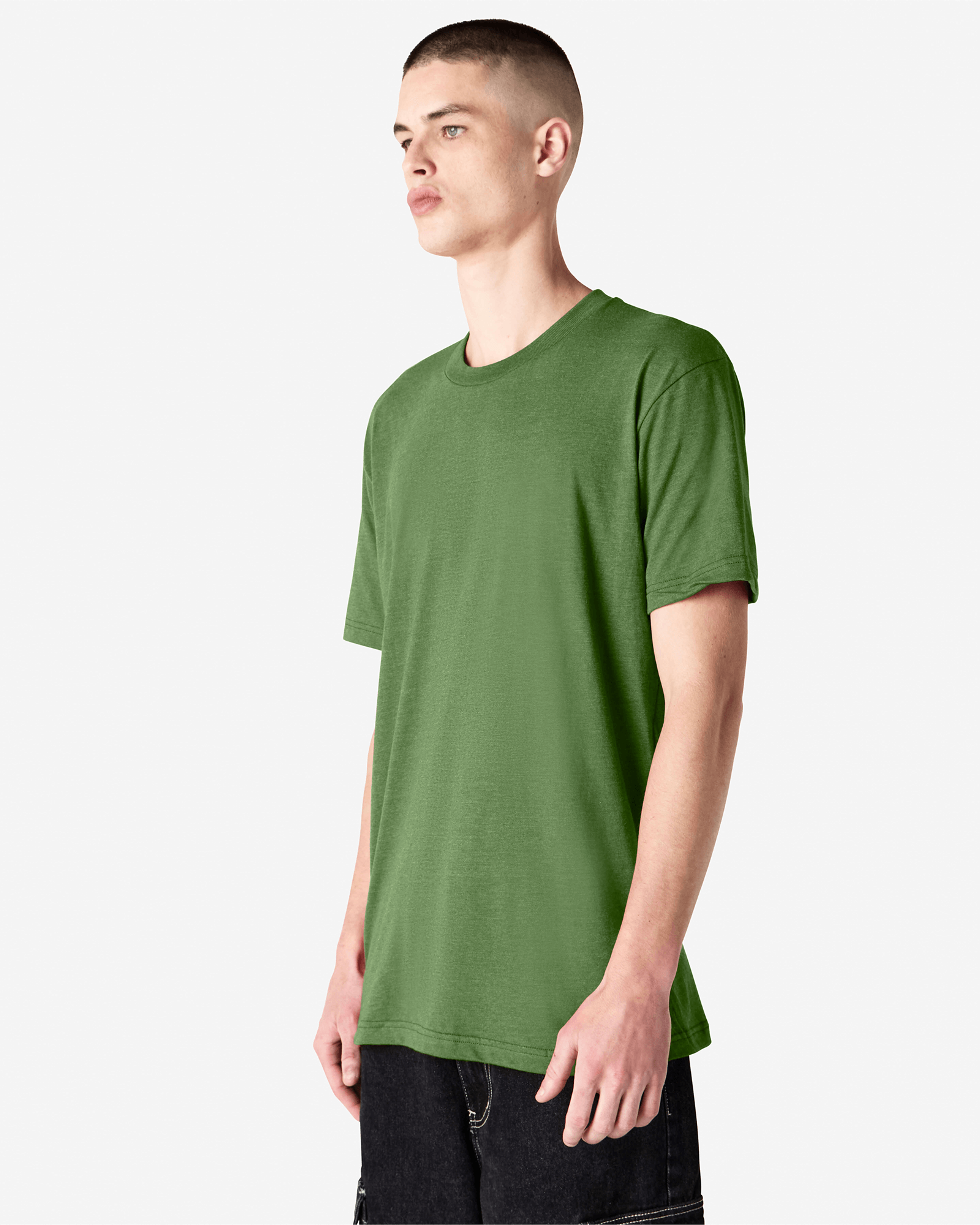 Male model wearing heather olive colour CVC Unisex Short Sleeve Crew Neck Tee (front pose) -heather olive