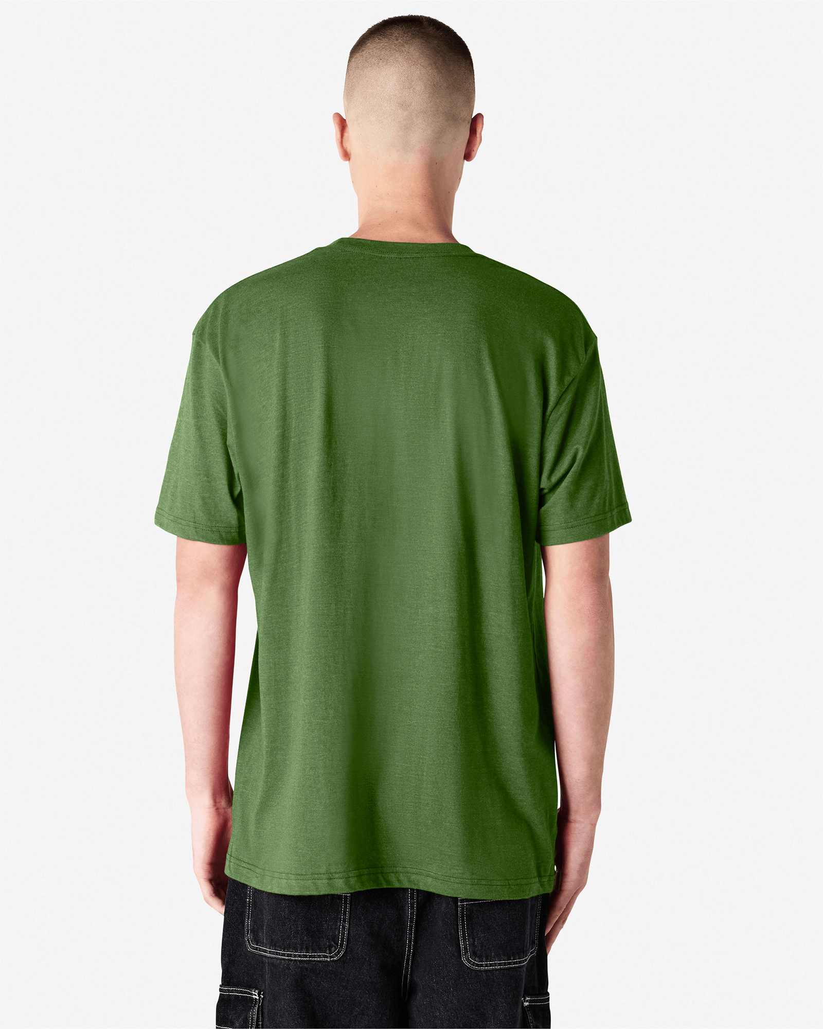 Male model wearing heather olive colour CVC Unisex Short Sleeve Crew Neck Tee (back pose) -heather olive