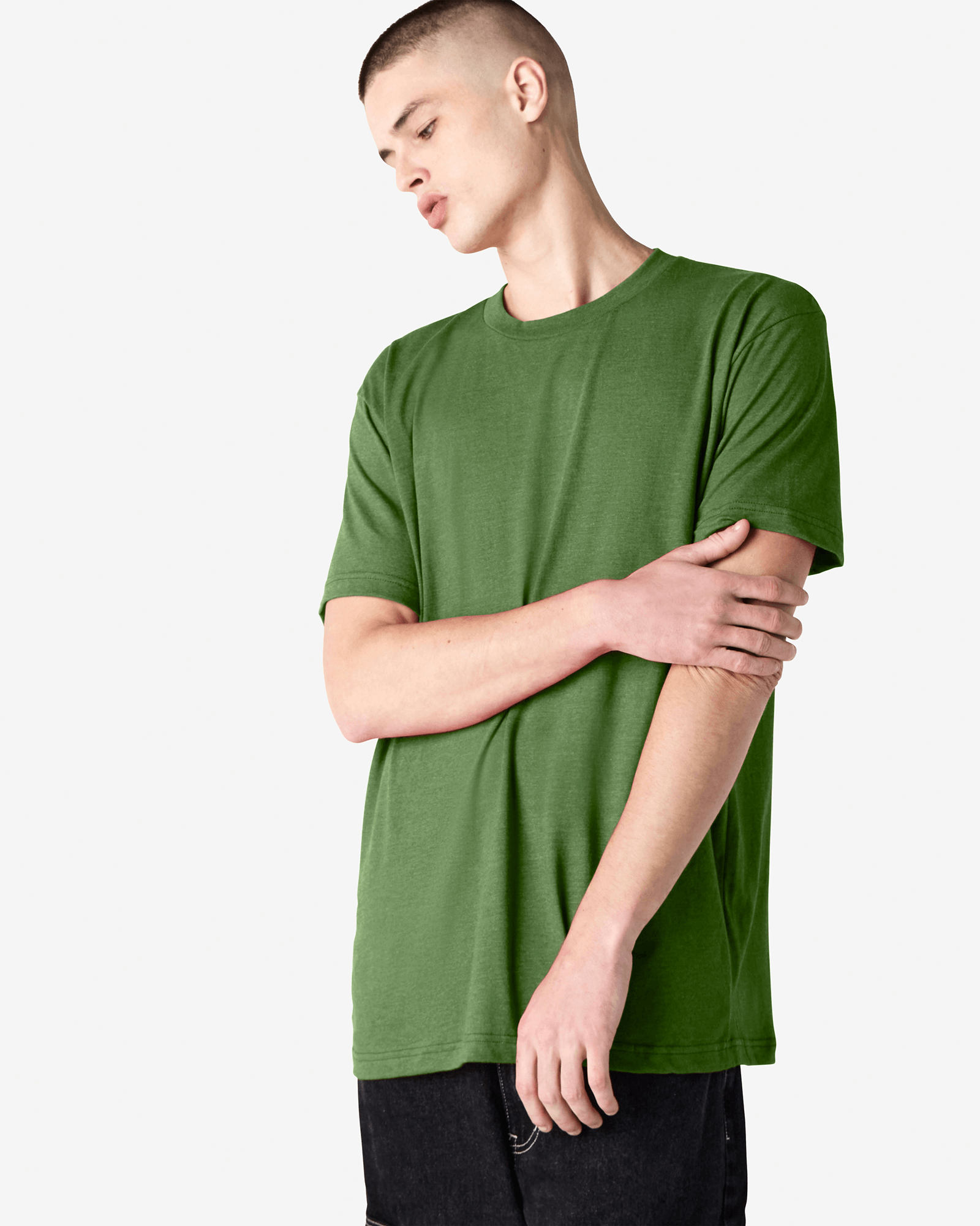 Male model wearing heather Olive colour CVC Unisex Short Sleeve Crew Neck Tee (front pose) -heather olive