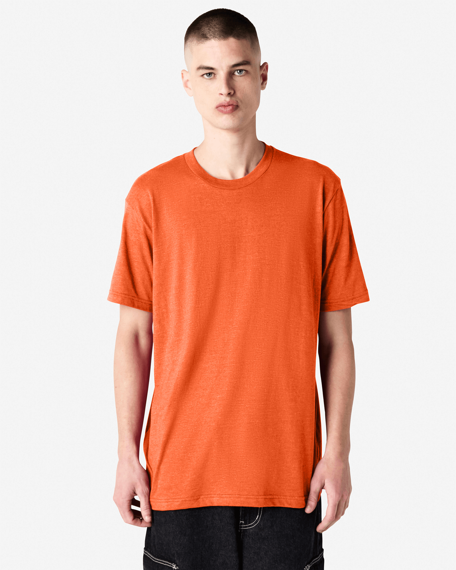 Male model wearing heather orange colour CVC Unisex Short Sleeve Crew Neck Tee (front pose) -heather orange