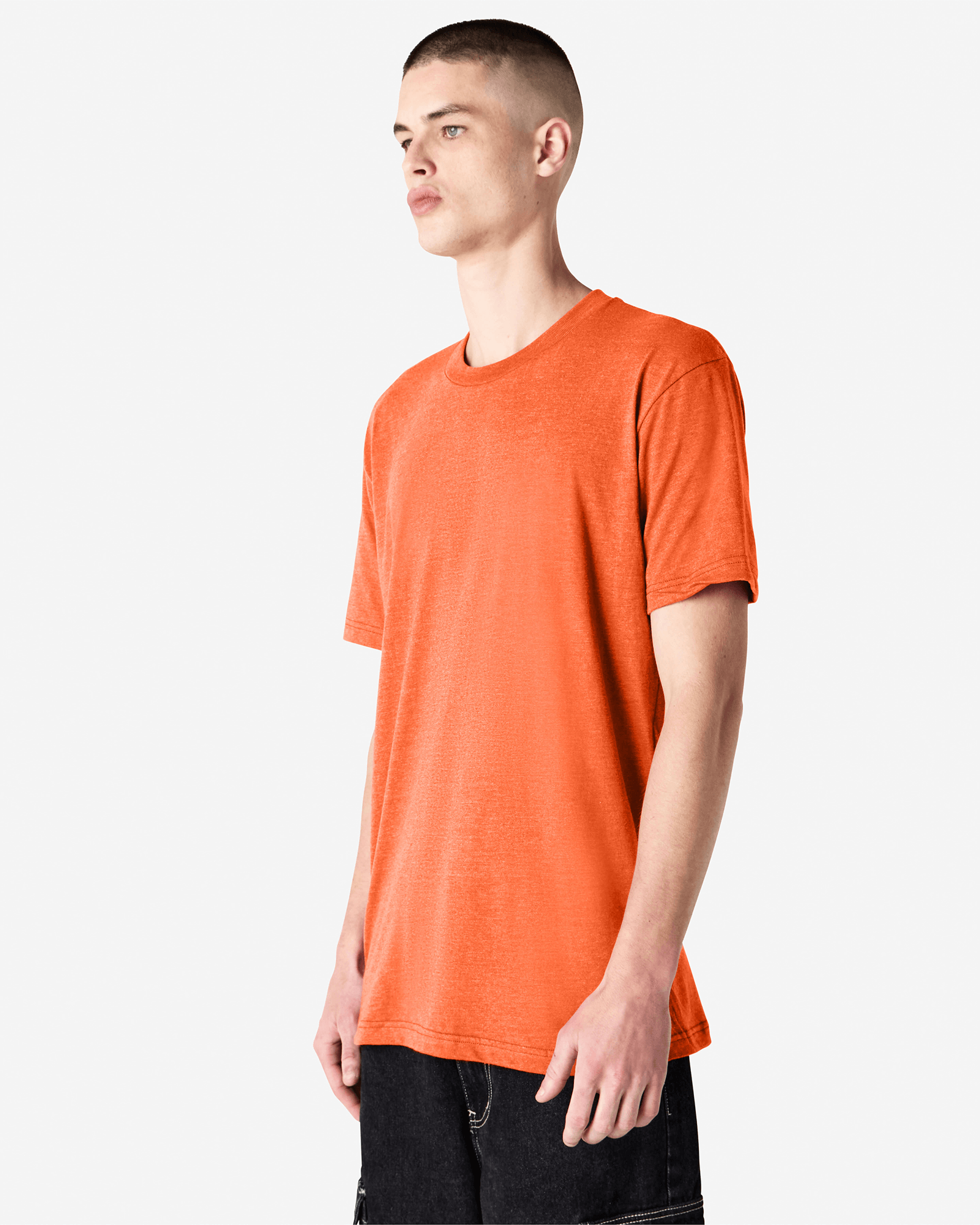 Male model wearing heather orange colour CVC Unisex Short Sleeve Crew Neck Tee (front pose) -heather orange