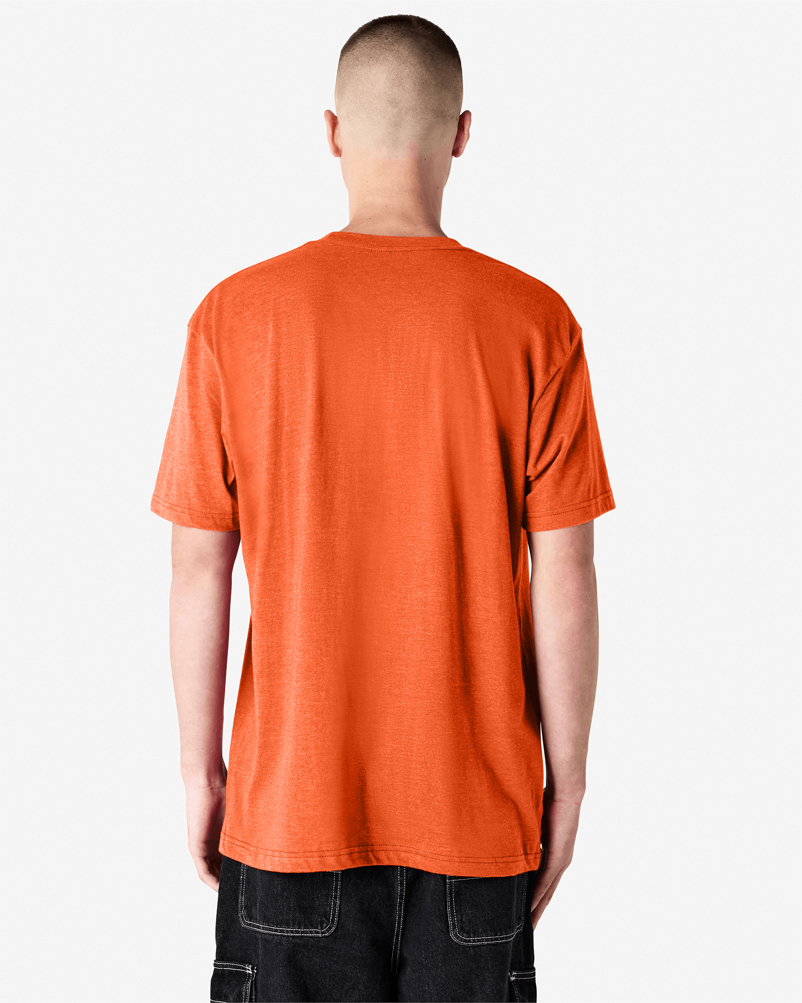 Male model wearing heather orange colour CVC Unisex Short Sleeve Crew Neck Tee (back pose) -heather orange