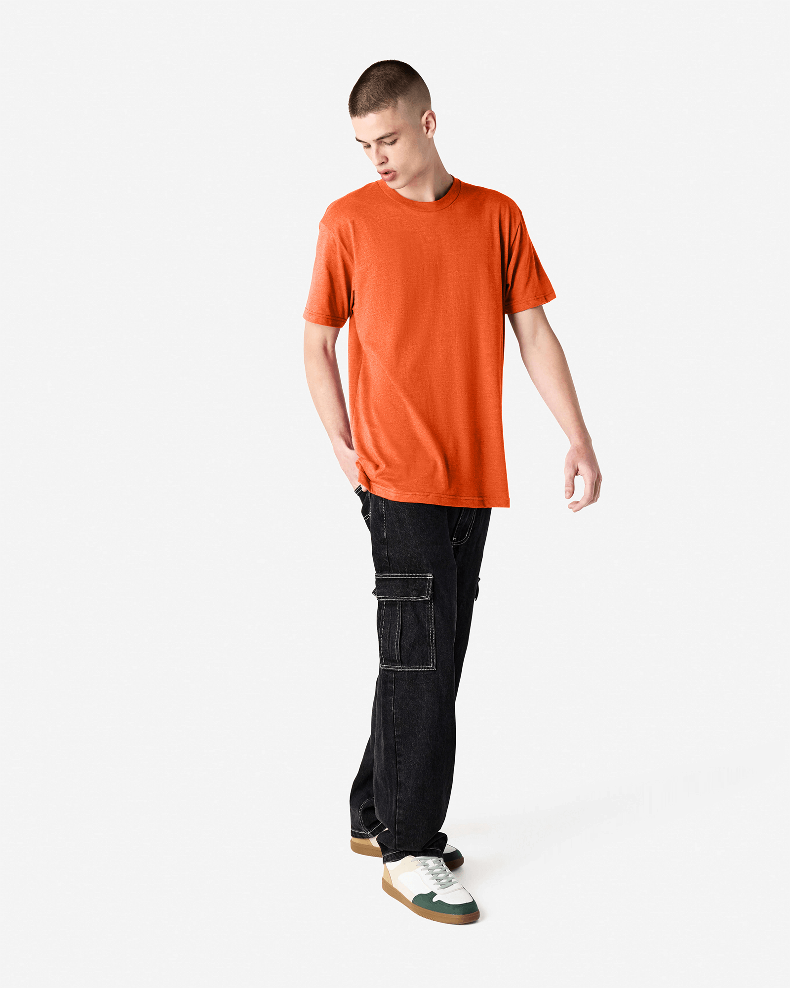 Male model wearing heather orange colour CVC Unisex Short Sleeve Crew Neck Tee (front pose) -heather orange