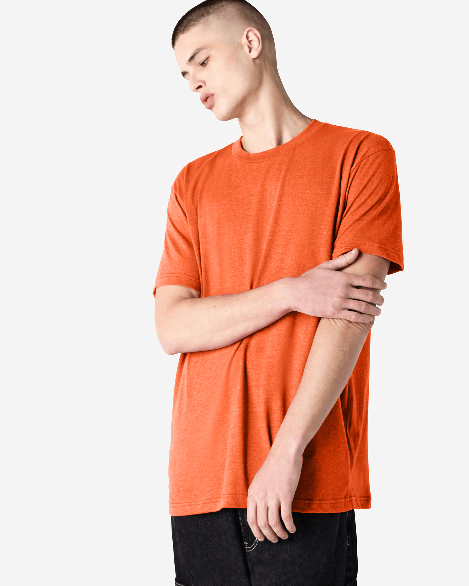 Male model wearing heather orange colour CVC Unisex Short Sleeve Crew Neck Tee (front pose) -heather orange