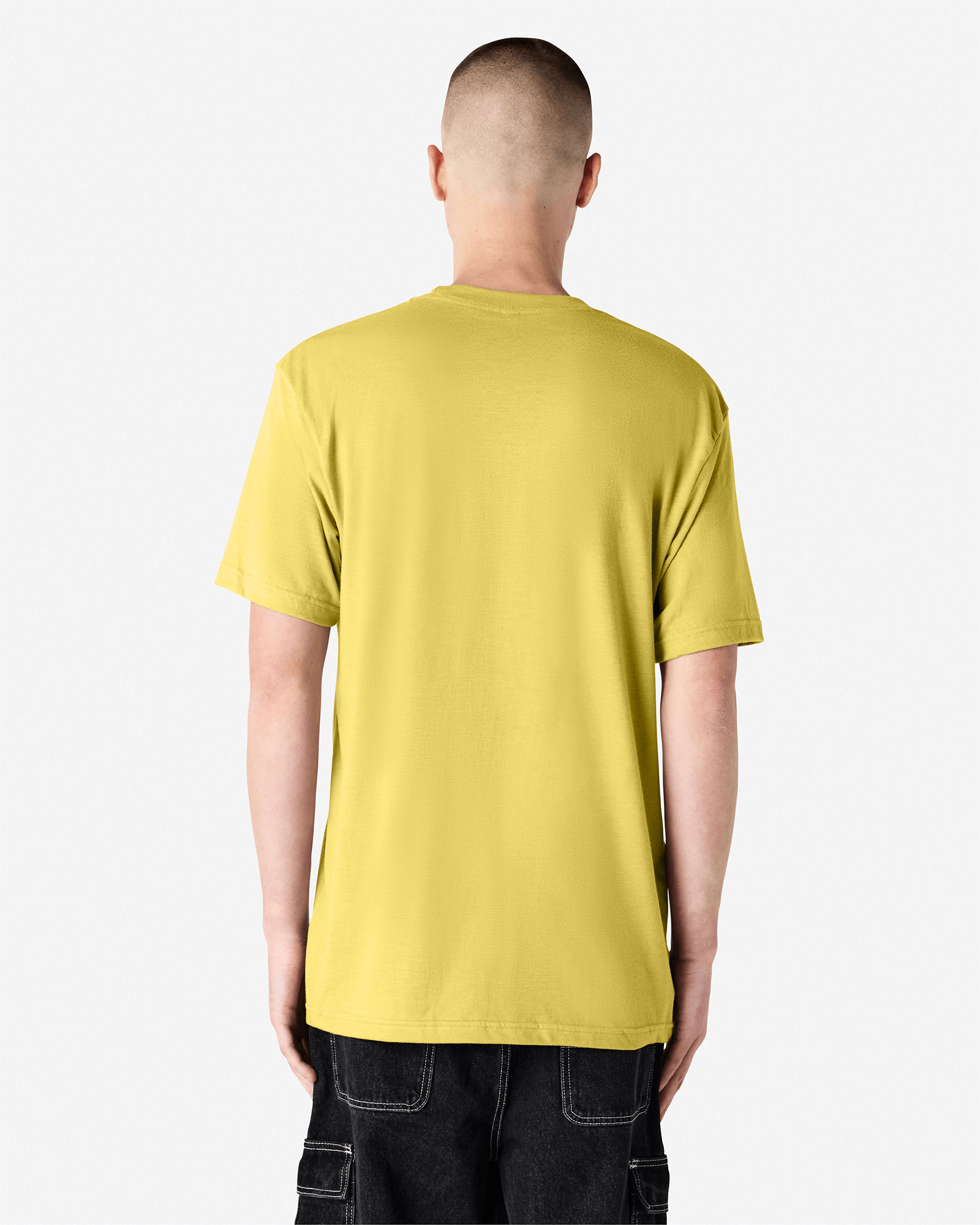 Male model wearing heather pannacotta colour CVC Unisex Short Sleeve Crew Neck Tee (back pose) -heather pannacotta