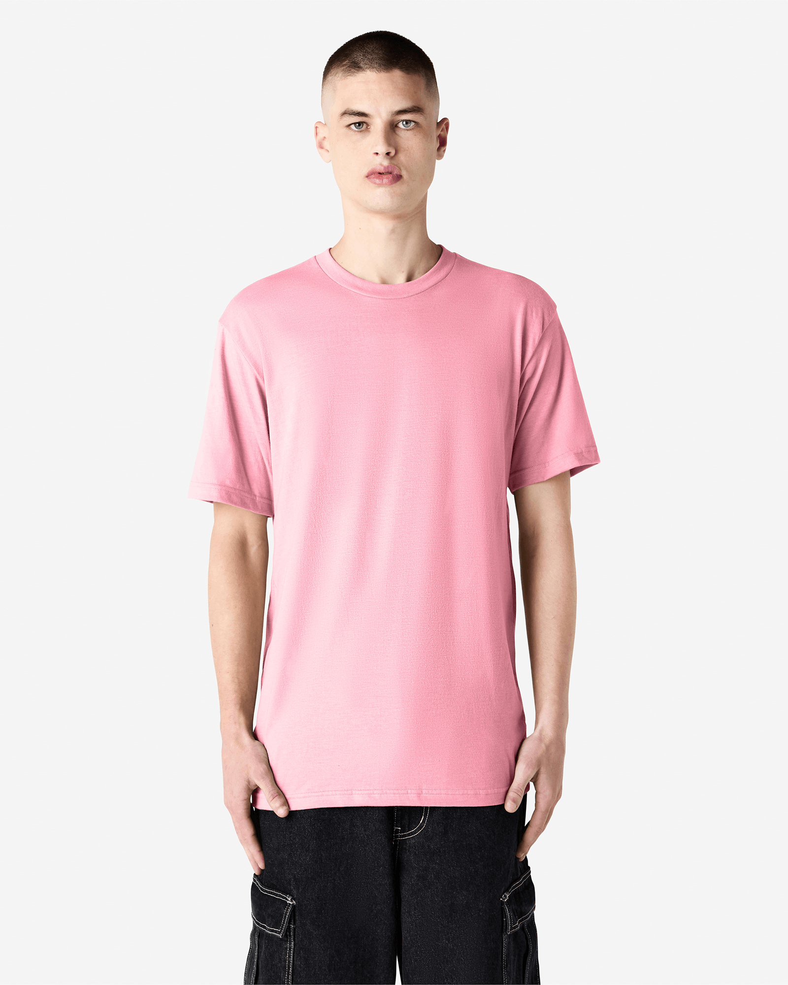 Male model wearing heather pink colour CVC Unisex Short Sleeve Crew Neck Tee (front pose) -heather pink