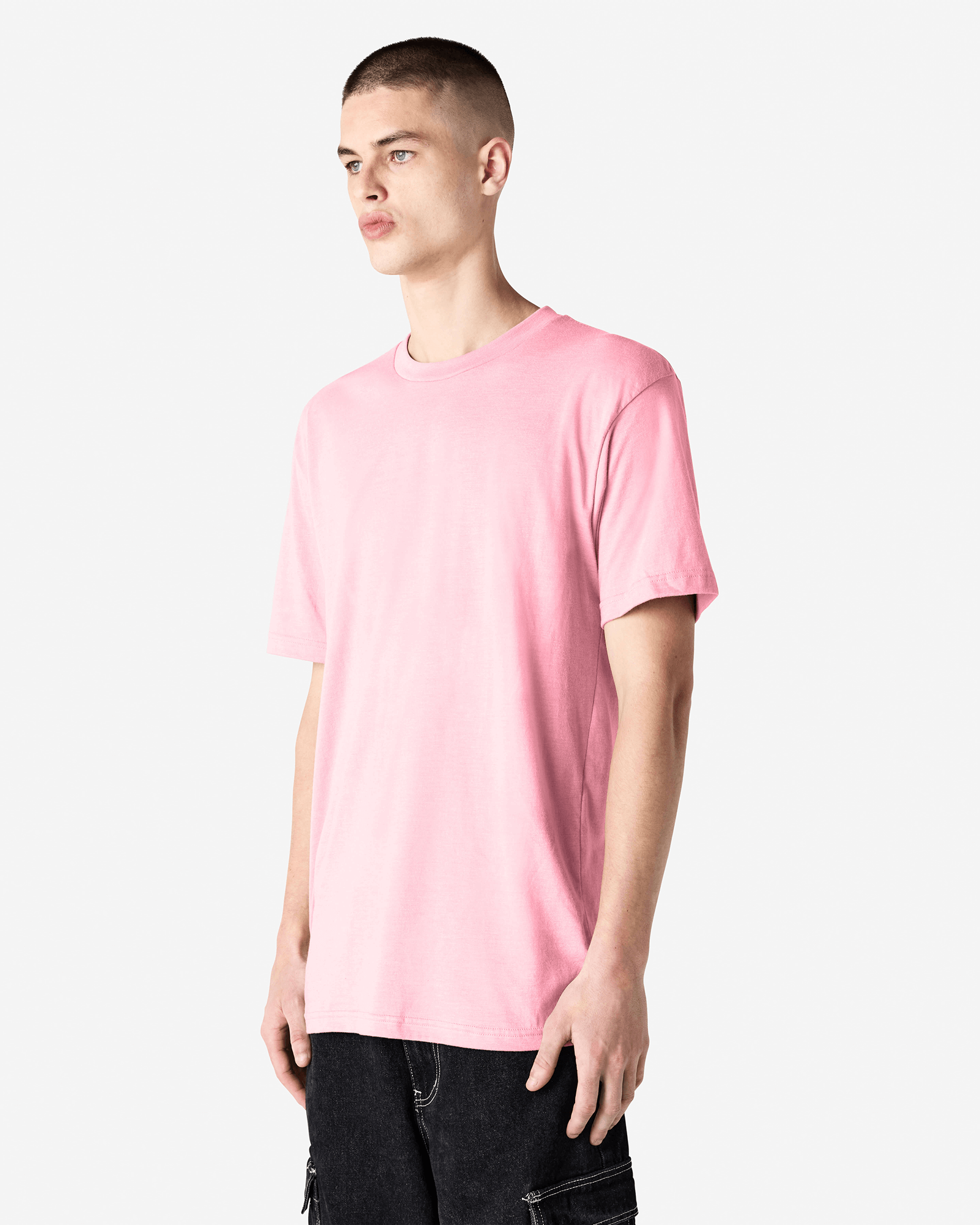 Male model wearing heather pink colour CVC Unisex Short Sleeve Crew Neck Tee (front pose) -heather pink