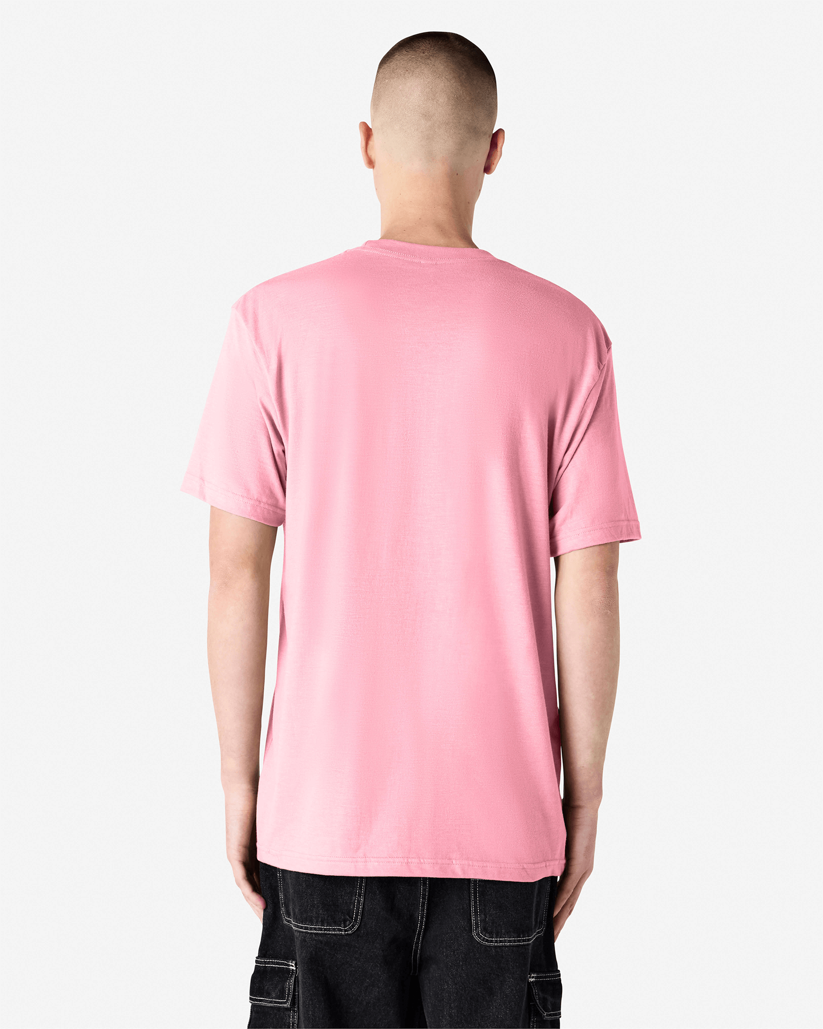 Male model wearing heather pink colour CVC Unisex Short Sleeve Crew Neck Tee (back pose) -heather pink