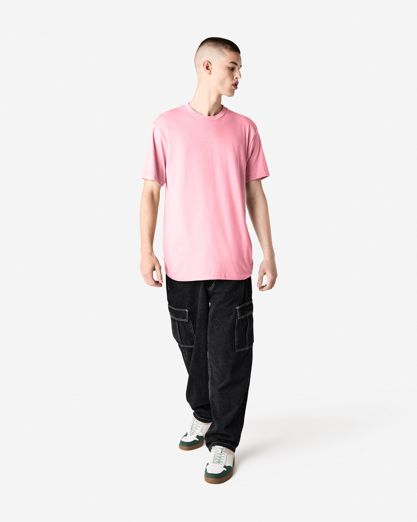 Male model wearing heather pink colour CVC Unisex Short Sleeve Crew Neck Tee (front pose) -heather pink