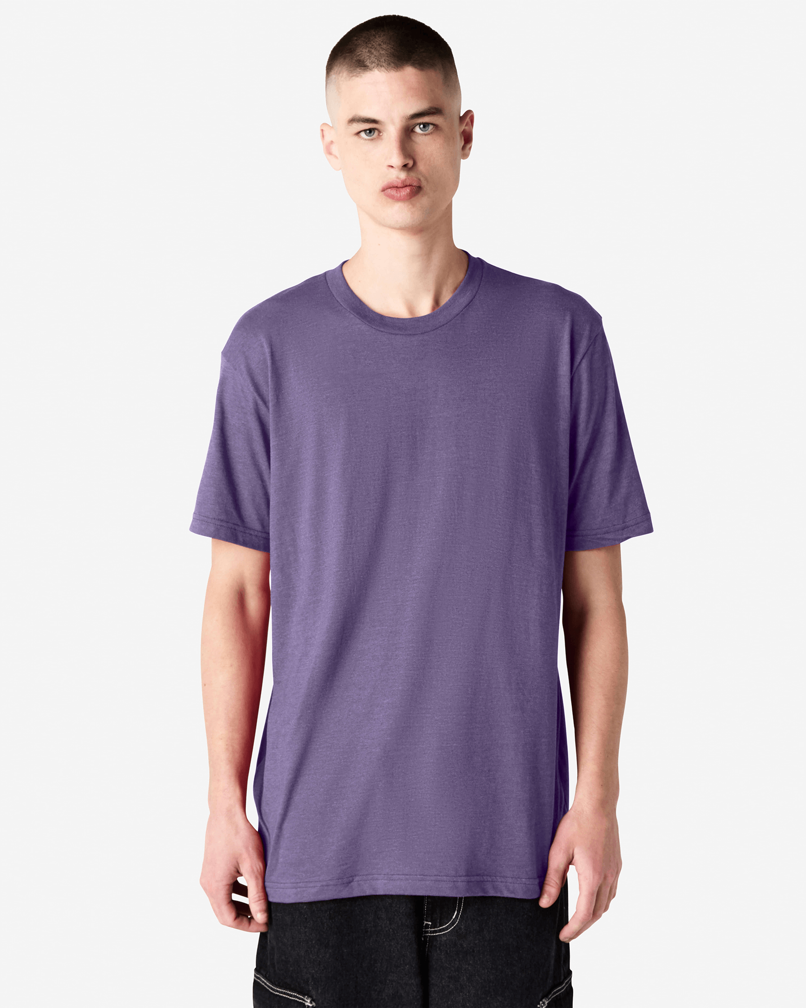 Male model wearing heather purple colour CVC Unisex Short Sleeve Crew Neck Tee (front pose) -heather purple