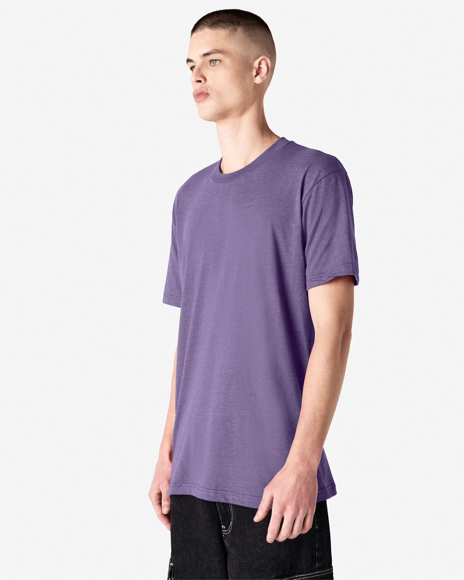 Male model wearing heather purple colour CVC Unisex Short Sleeve Crew Neck Tee (front pose) -heather purple