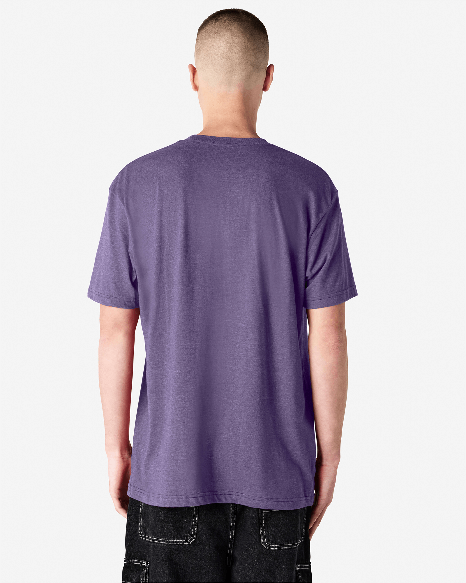 Male model wearing heather purple colour CVC Unisex Short Sleeve Crew Neck Tee (front pose) -heather purple