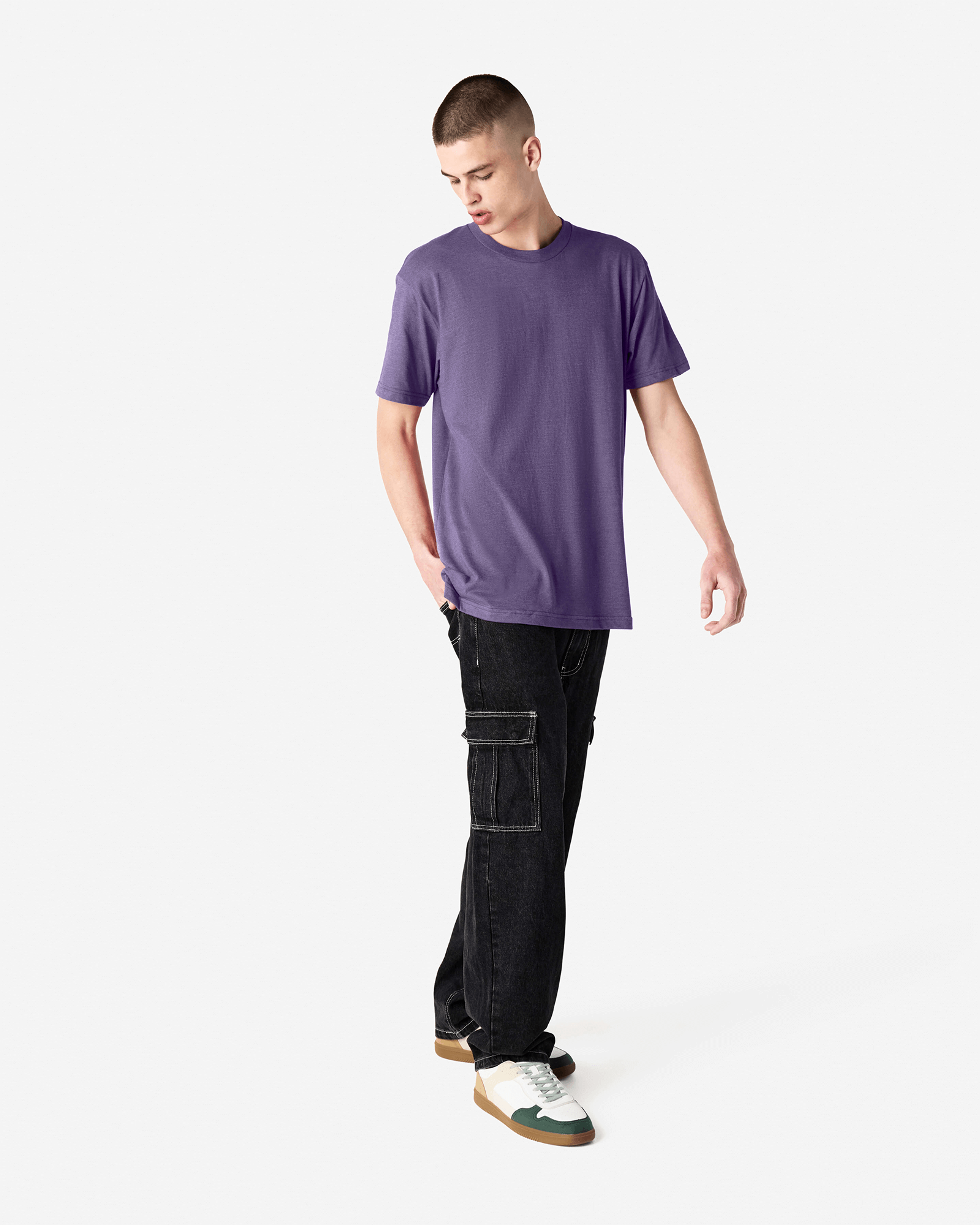 Male model wearing heather purple colour CVC Unisex Short Sleeve Crew Neck Tee (front pose) -heather purple