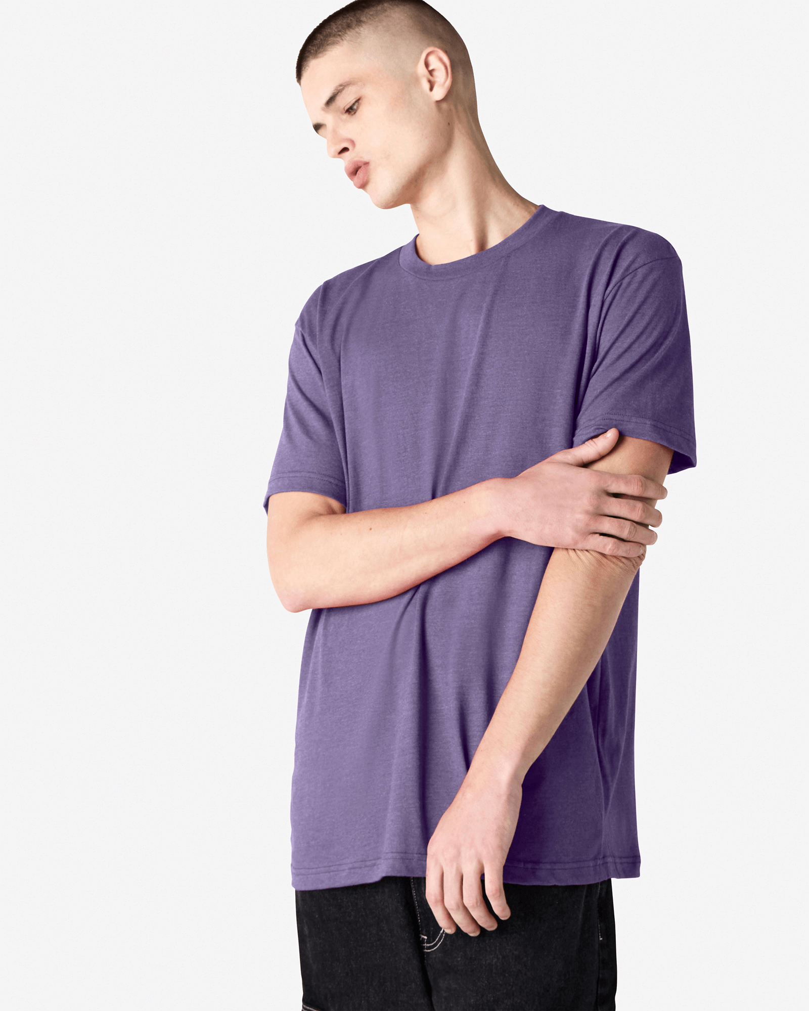 Male model wearing heather purple colour CVC Unisex Short Sleeve Crew Neck Tee (front pose) -heather purple