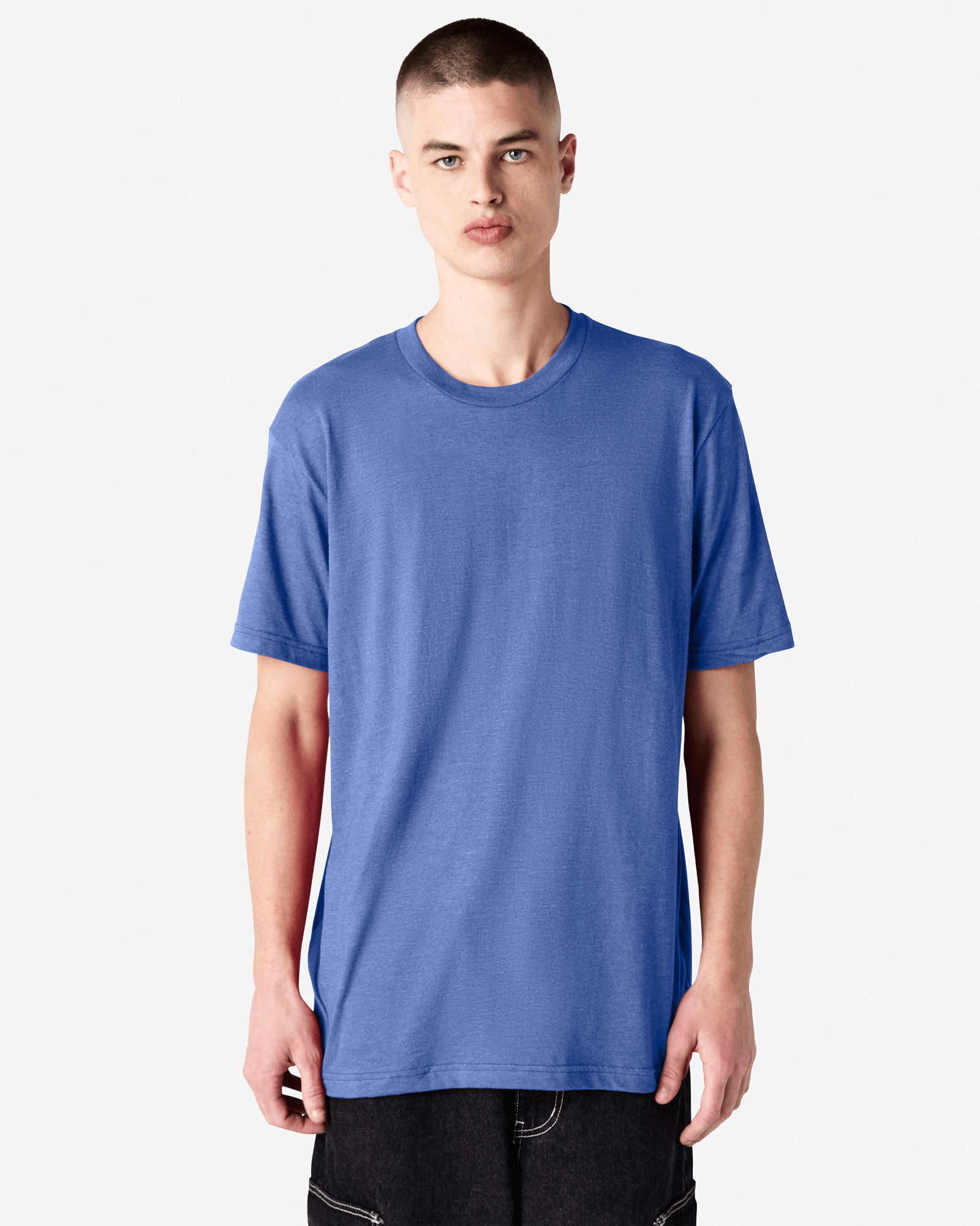 Male model wearing heather Royal Blue colour CVC Unisex Short Sleeve Crew Neck Tee (front pose) -heather royal blue