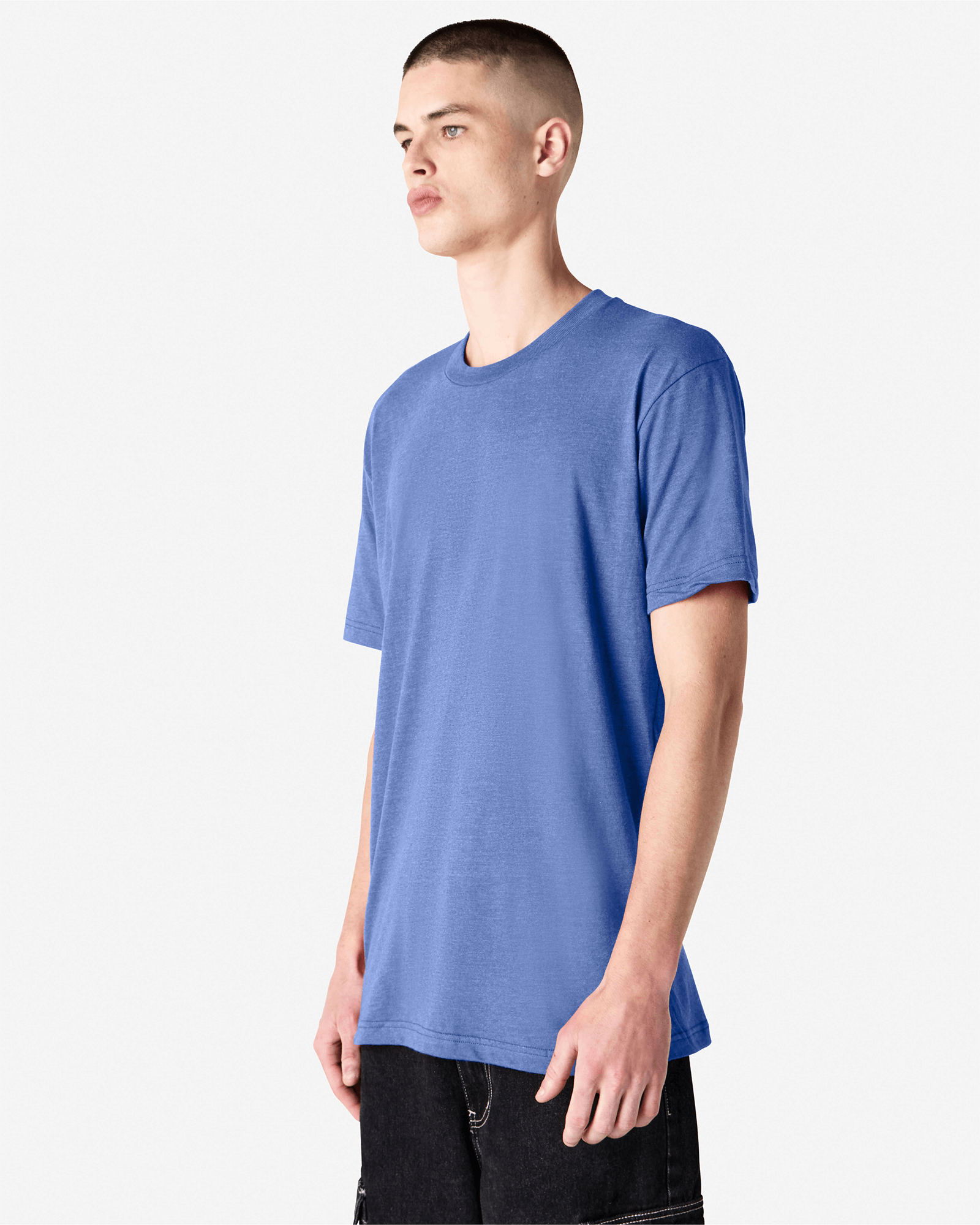 Male model wearing heather royal blue colour CVC Unisex Short Sleeve Crew Neck Tee (front pose) -heather royal blue