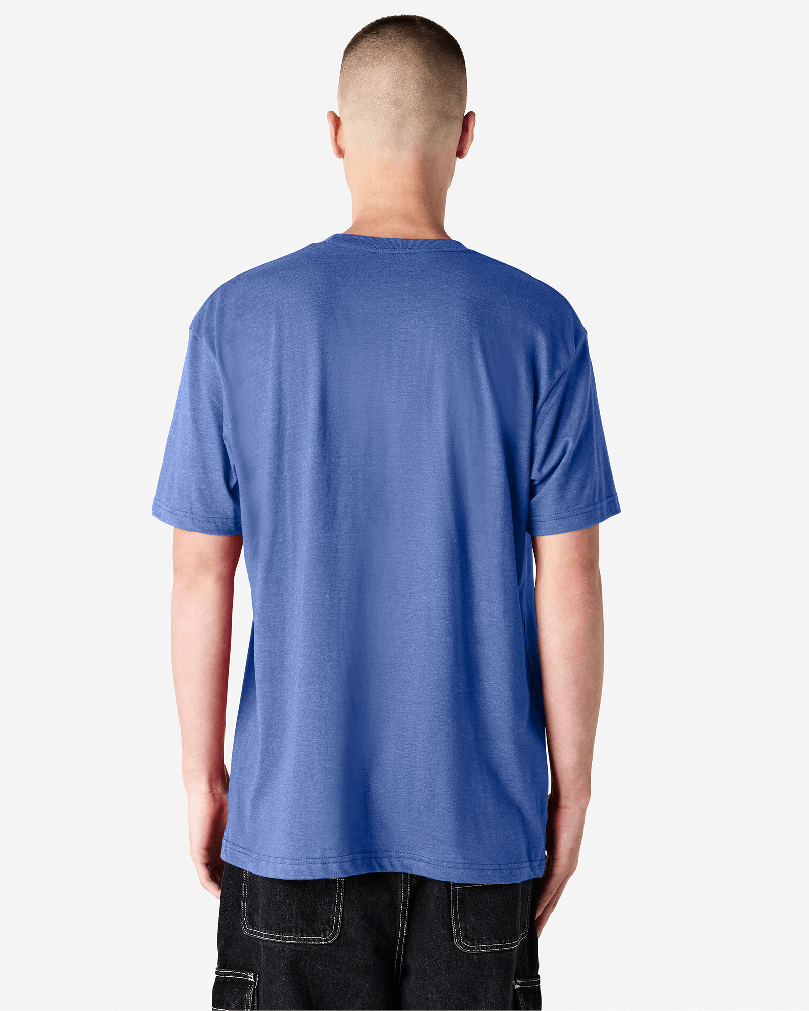 Male model wearing heather royal blue colour CVC Unisex Short Sleeve Crew Neck Tee (back pose) -heather royal blue