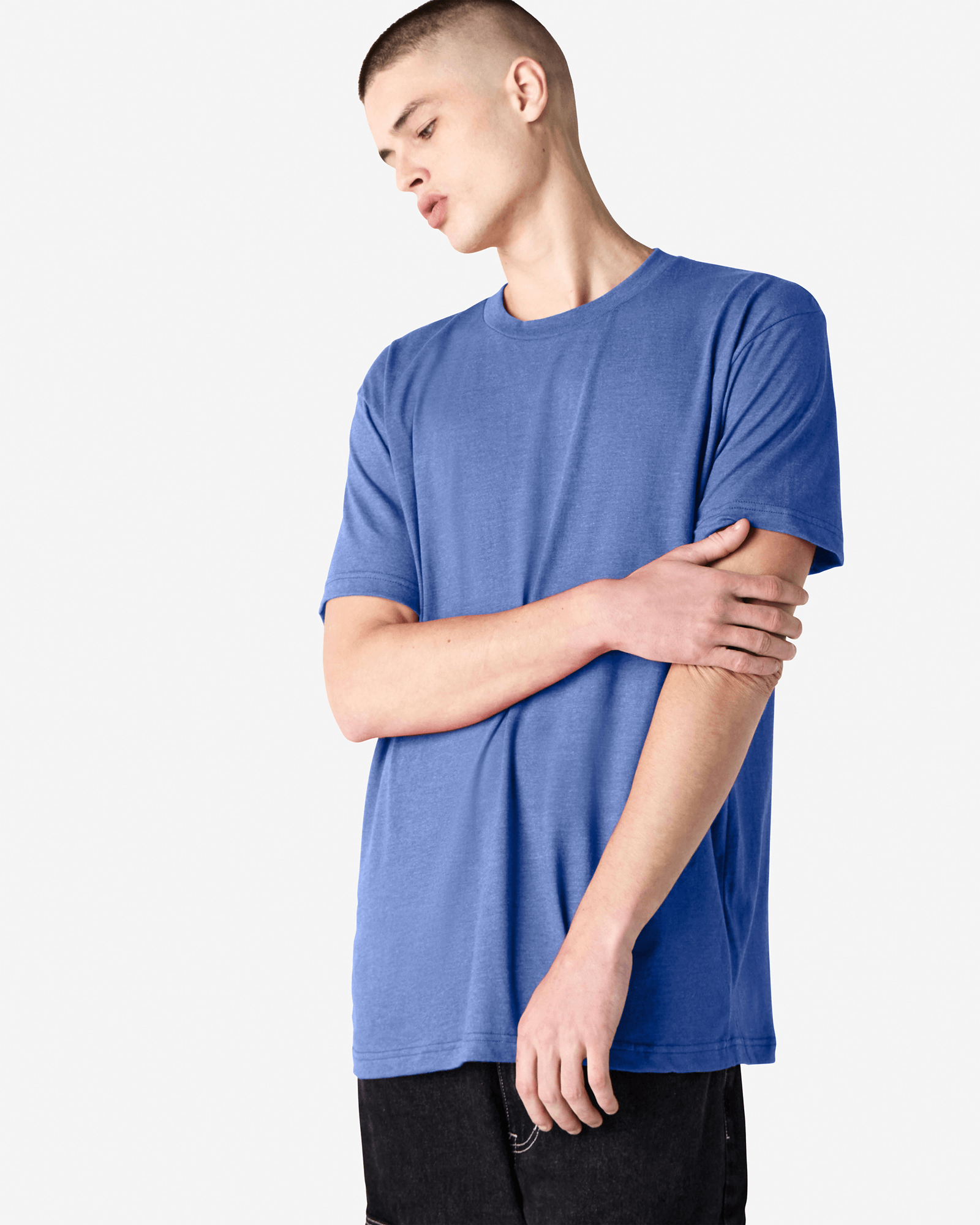 Male model wearing heather Royal Blue colour CVC Unisex Short Sleeve Crew Neck Tee (front pose) -heather royal blue