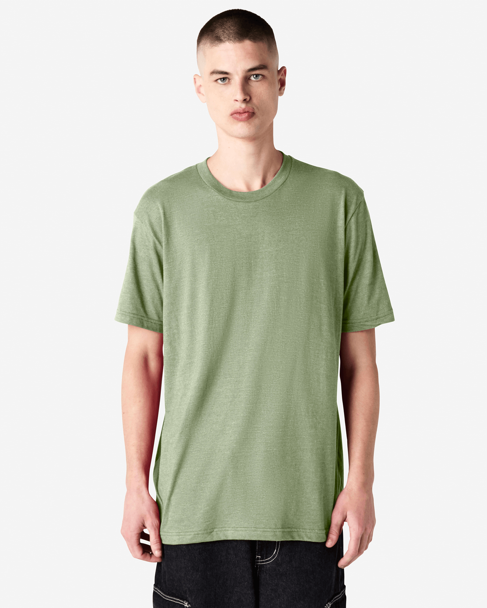 Male model wearing heather sage colour CVC Unisex Short Sleeve Crew Neck Tee (front pose) -heather sage