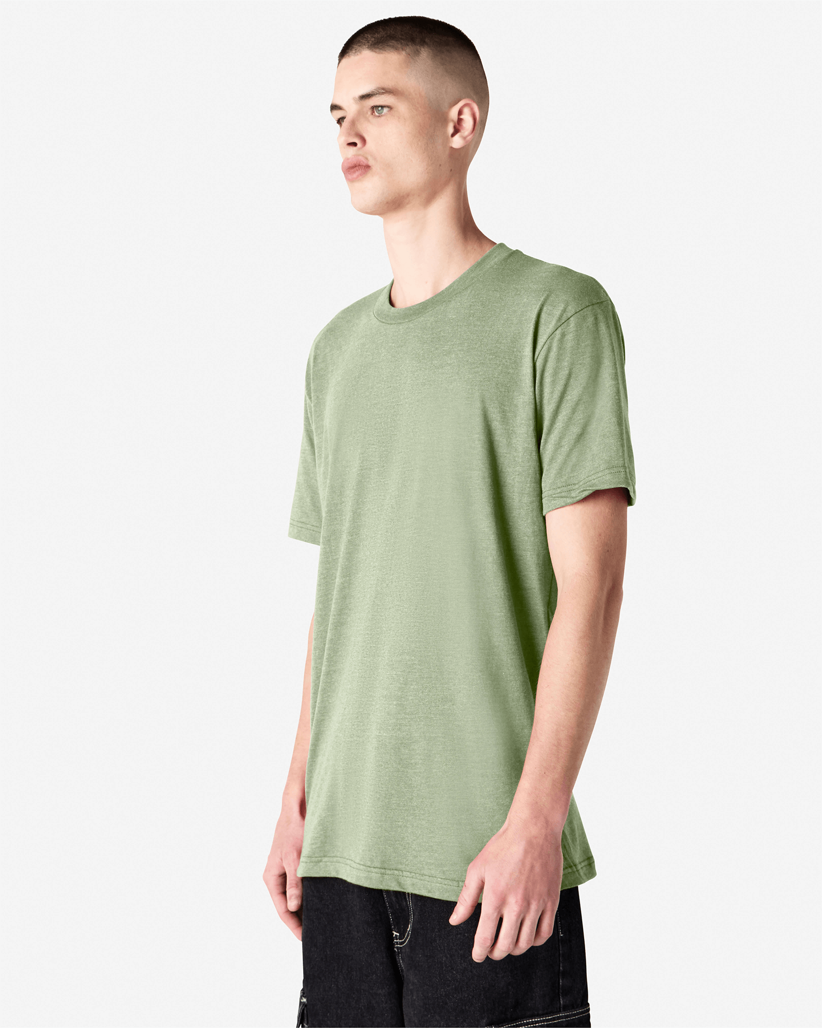 Male model wearing heather sage colour CVC Unisex Short Sleeve Crew Neck Tee (front pose) -heather sage