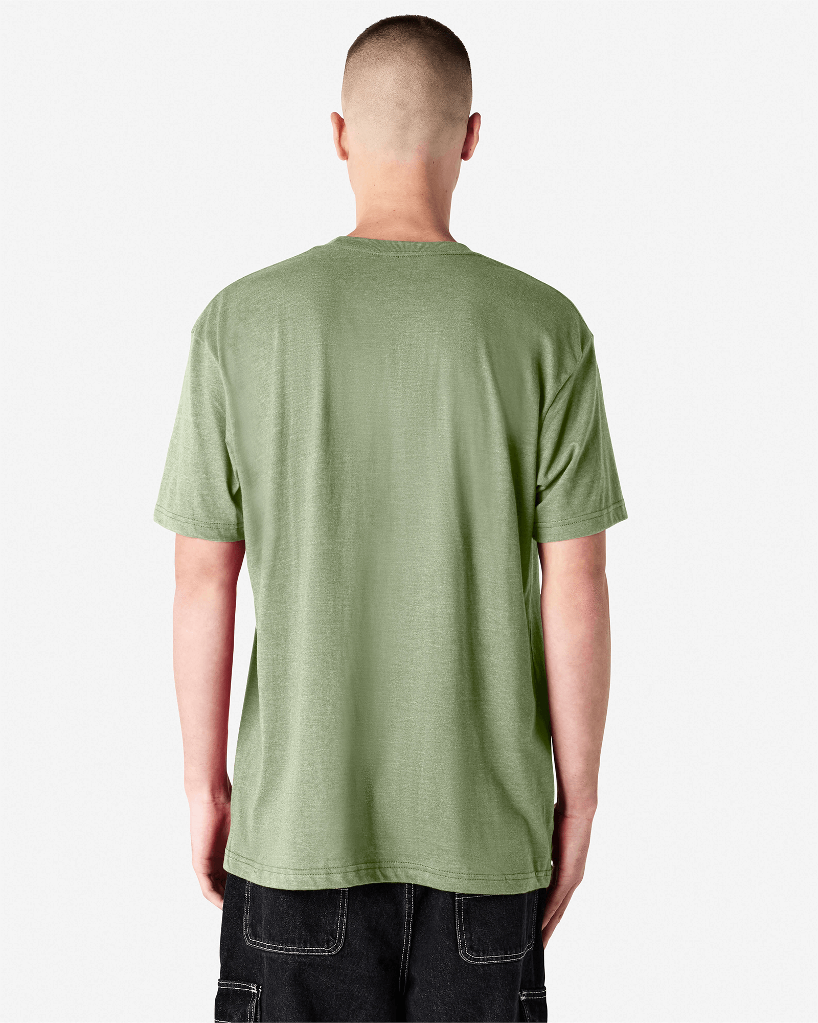 Male model wearing heather sage colour CVC Unisex Short Sleeve Crew Neck Tee (back pose) -heather sage