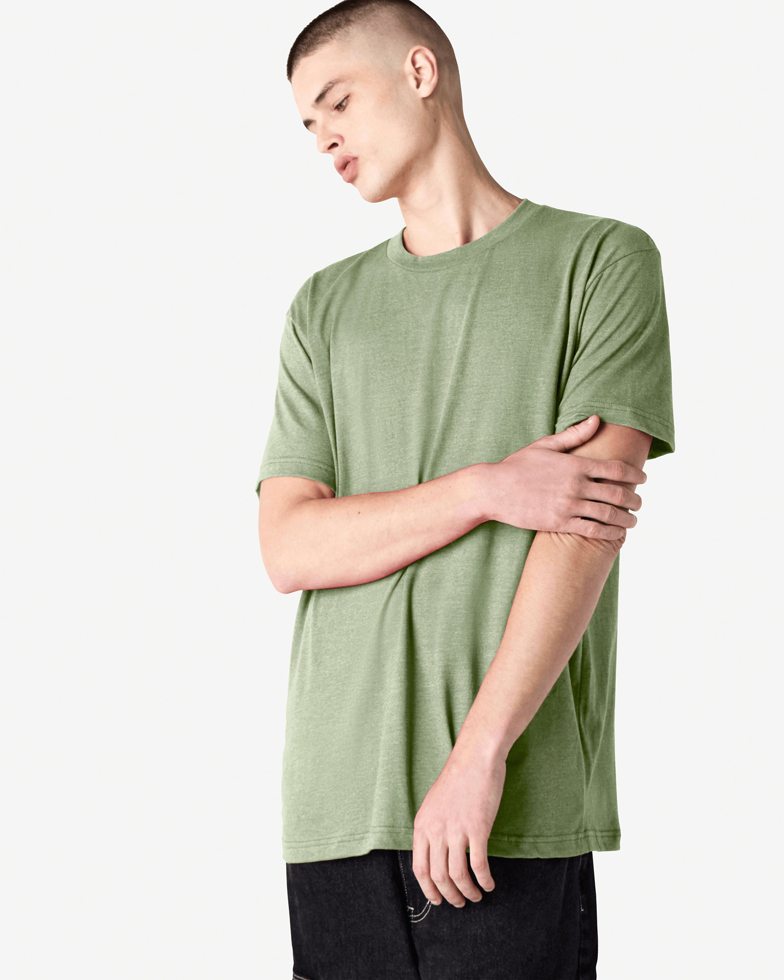 Male model wearing heather sage colour CVC Unisex Short Sleeve Crew Neck Tee (front pose) -heather sage