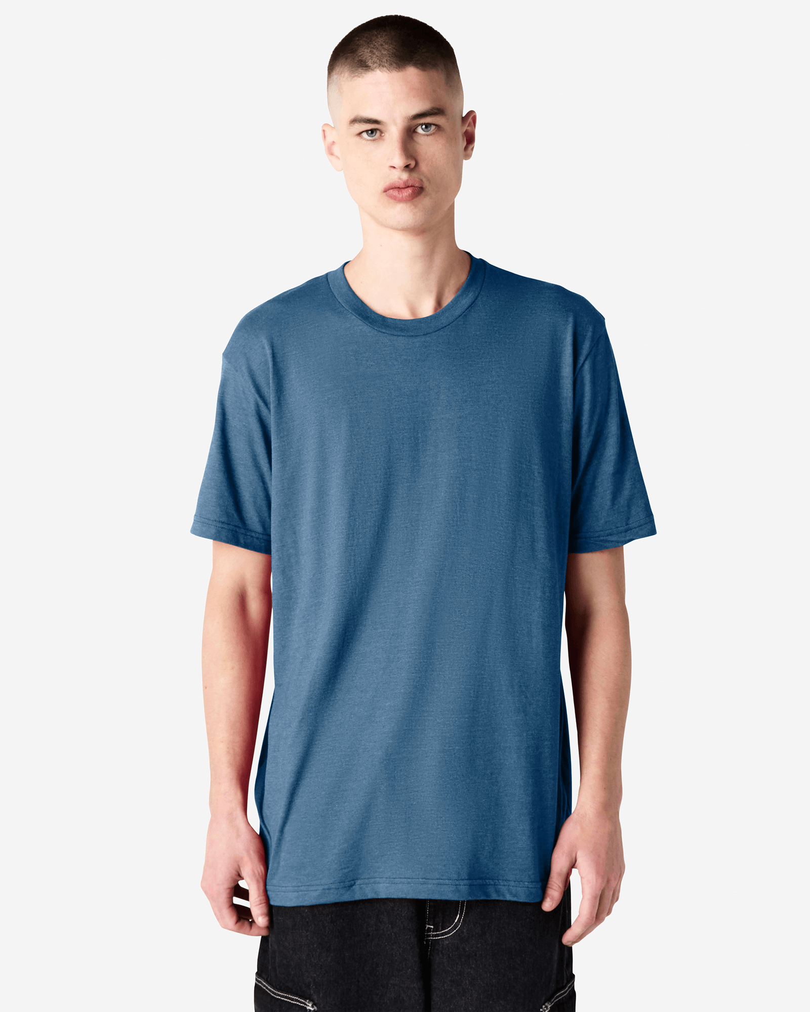 Male model wearing heather sea blue colour CVC Unisex Short Sleeve Crew Neck Tee (front pose) -heather sea blue