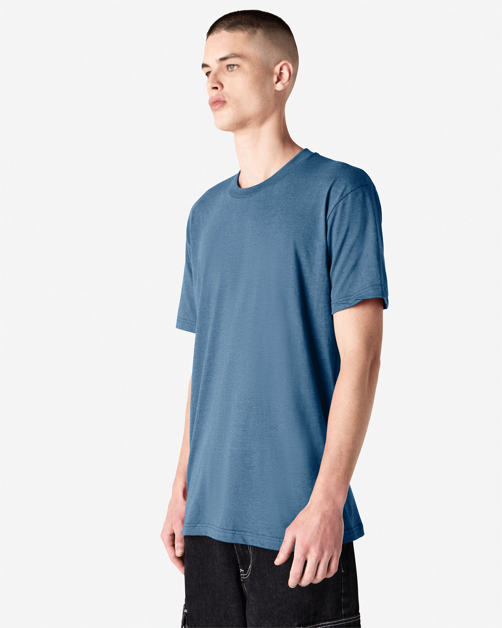 Male model wearing heather sea blue colour CVC Unisex Short Sleeve Crew Neck Tee (front pose) -heather sea blue