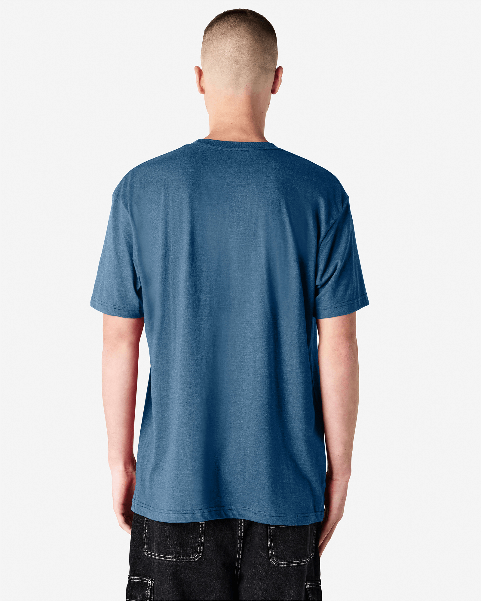 Male model wearing heather sea blue colour CVC Unisex Short Sleeve Crew Neck Tee (back pose) -heather sea blue