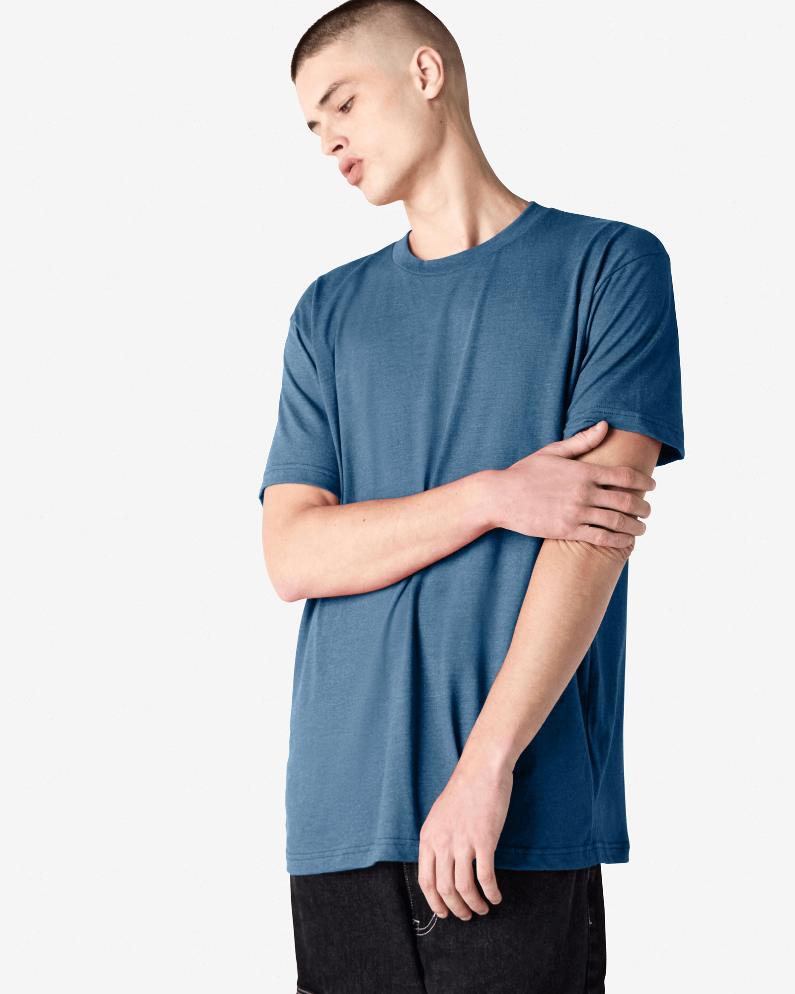 Male model wearing heather sea blue colour CVC Unisex Short Sleeve Crew Neck Tee (front pose) -heather sea blue